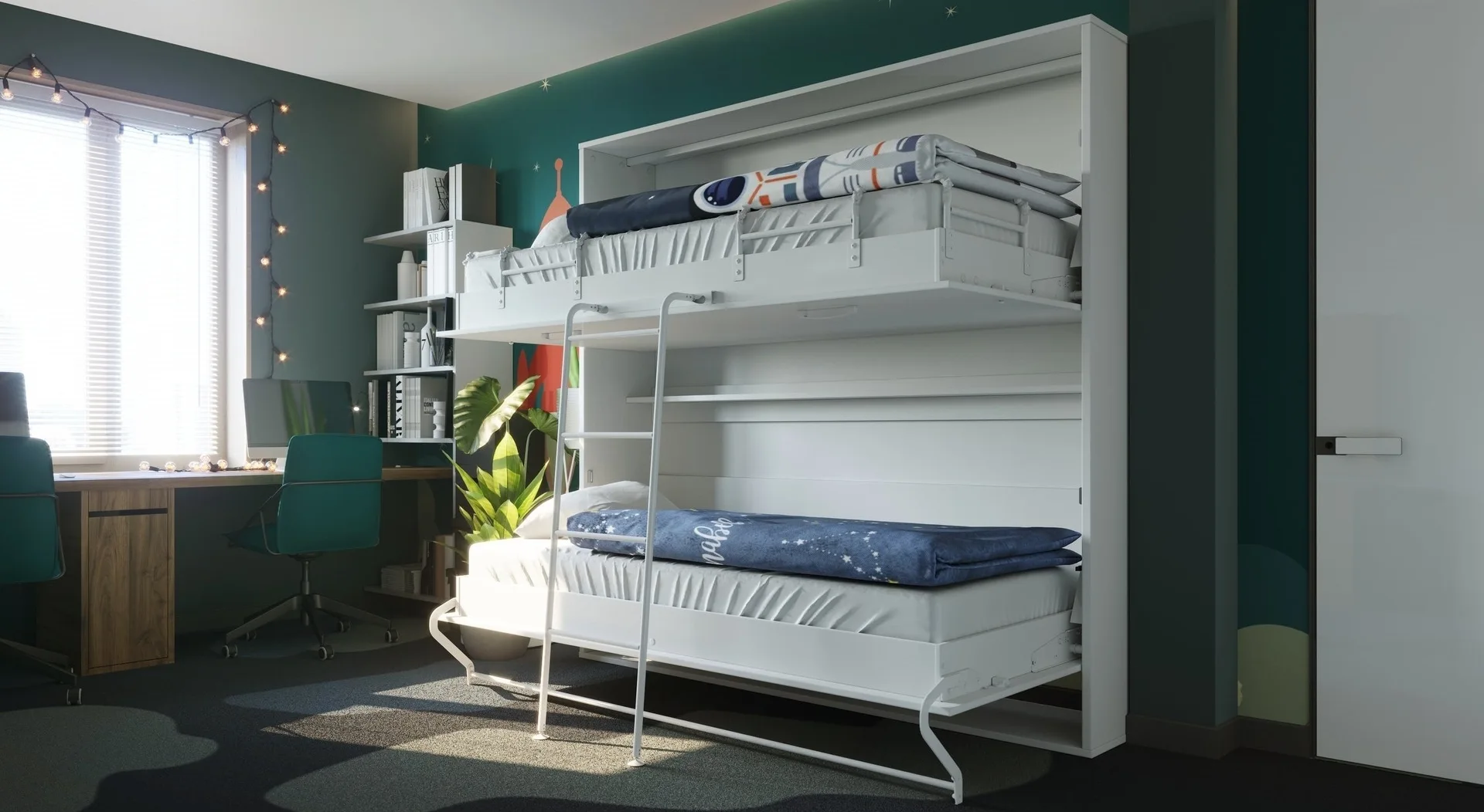 A modern children's bedroom featuring white wall-mounted bunk beds, a wooden study desk with a teal chair, and dark green star-patterned wallpaper.
