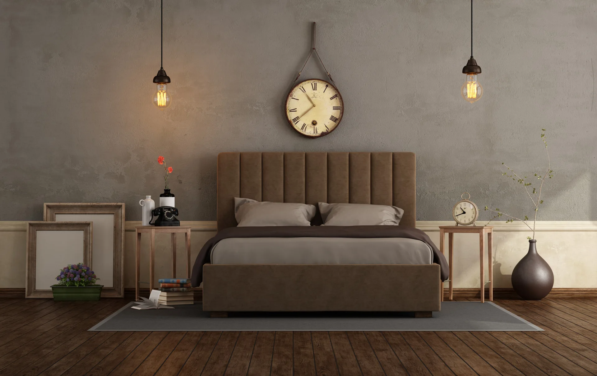 A rustic bedroom features a brown upholstered bed flanked by wooden nightstands under hanging filament bulb pendant lights on a textured grey wall.