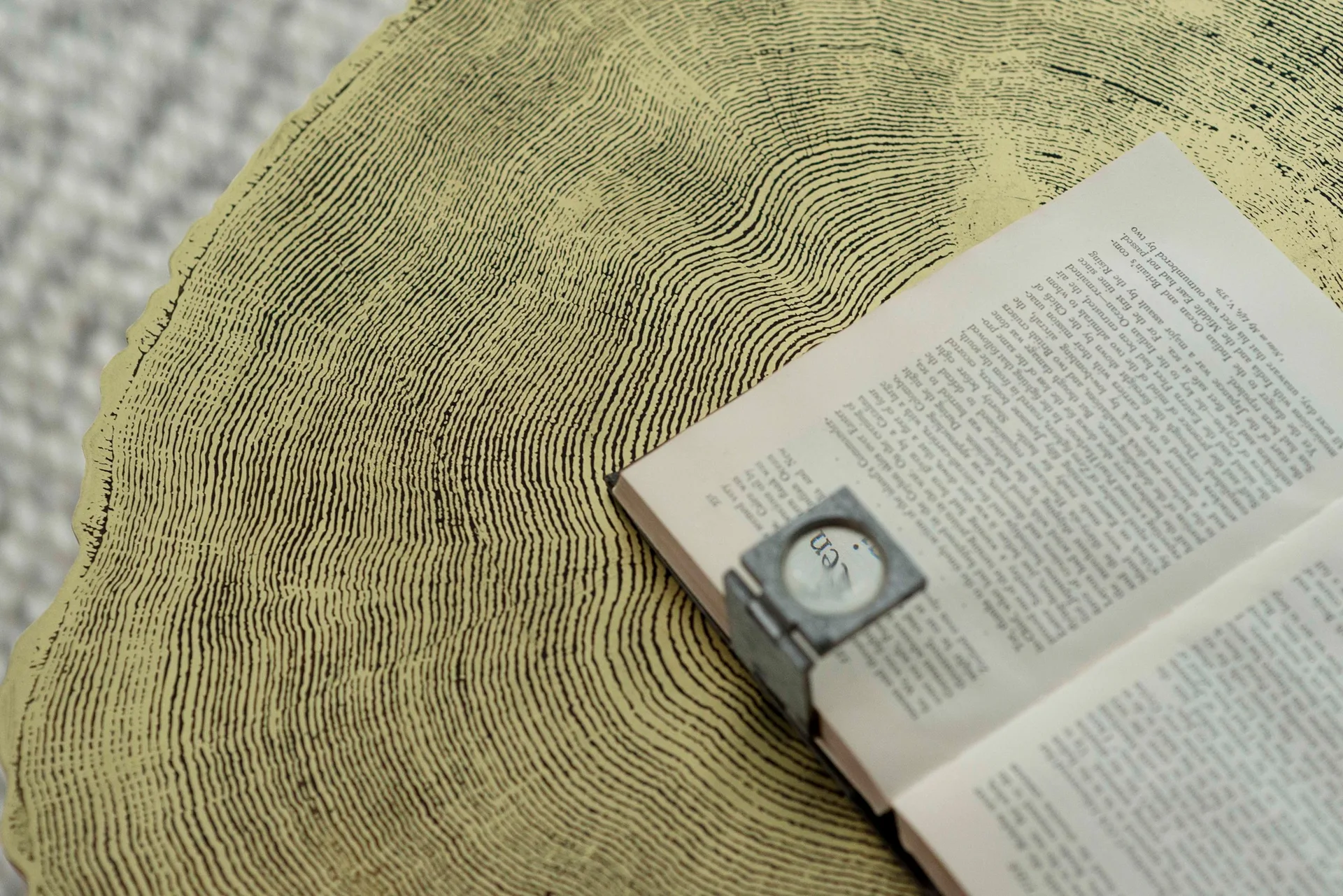An open book with a magnifying glass rests on an olive-gold circular side table featuring a stylized tree-ring pattern.