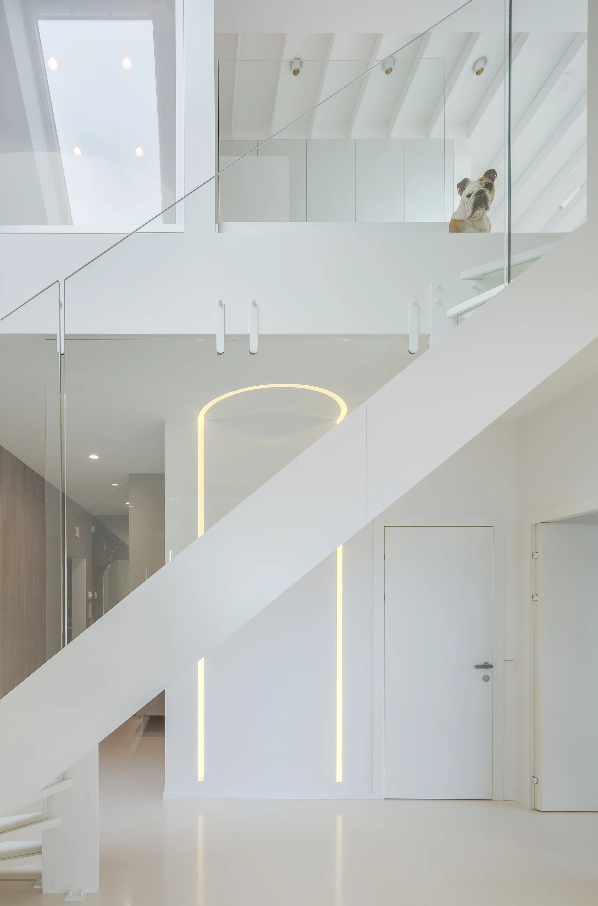 A minimalist white staircase with glass railings and a glowing arched light on the back wall, seen from a bright ground floor.