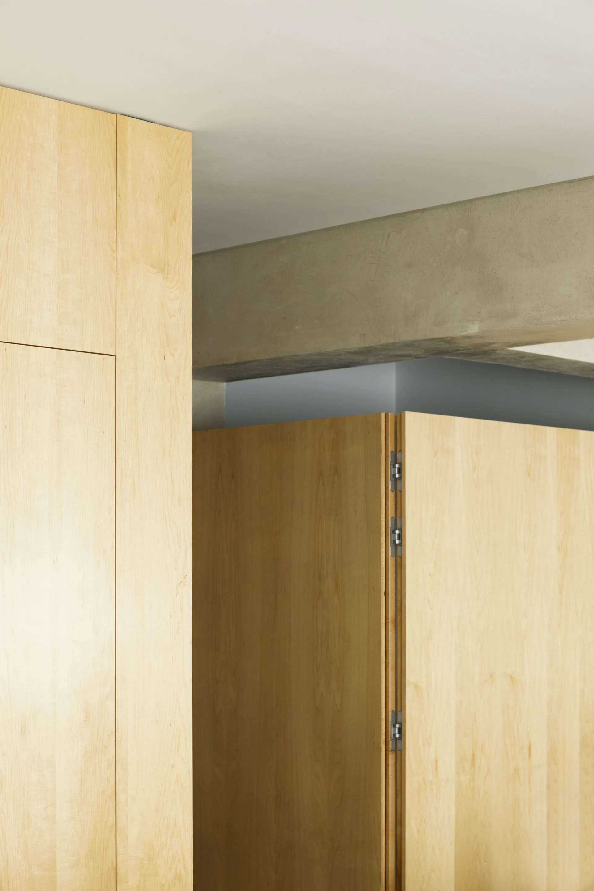Light-toned wood cabinetry panels and a hinged wooden partition stand beneath an exposed grey concrete ceiling beam.
