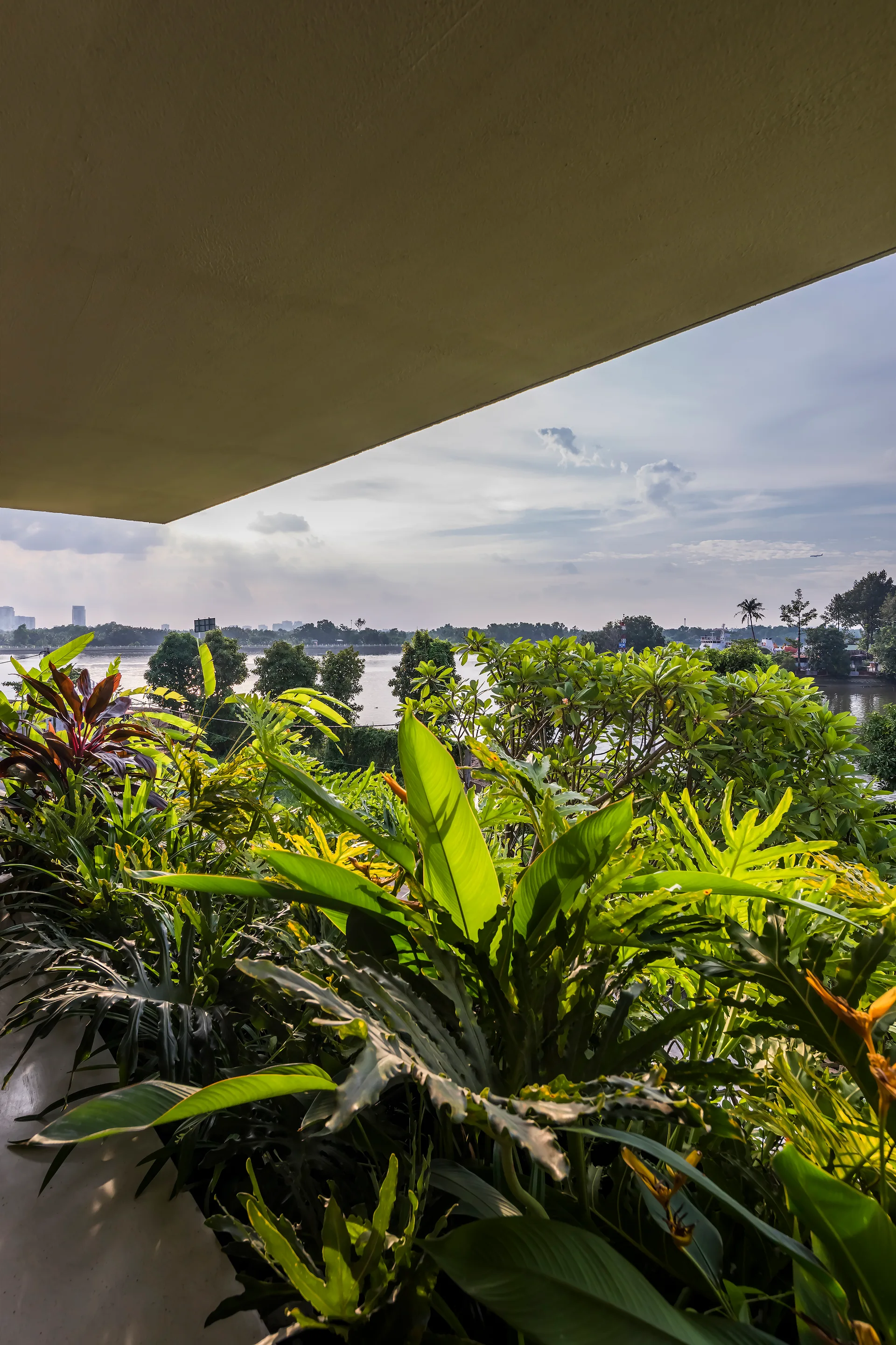 A lush balcony planter filled with green tropical foliage overlooks a river under a wide architectural canopy.