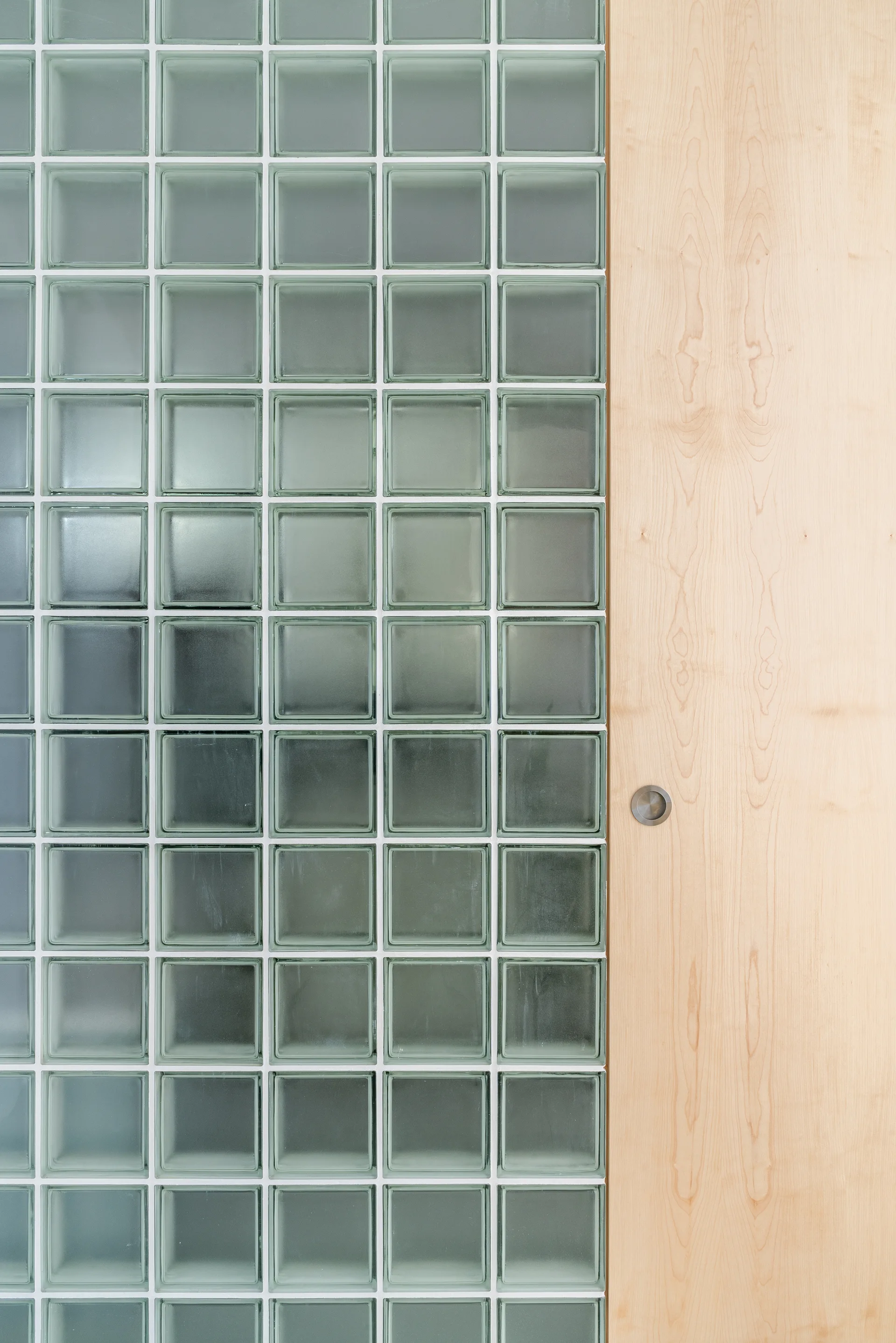 A wall partition composed of frosted square glass blocks next to a light-colored wood panel with a round silver flush handle.