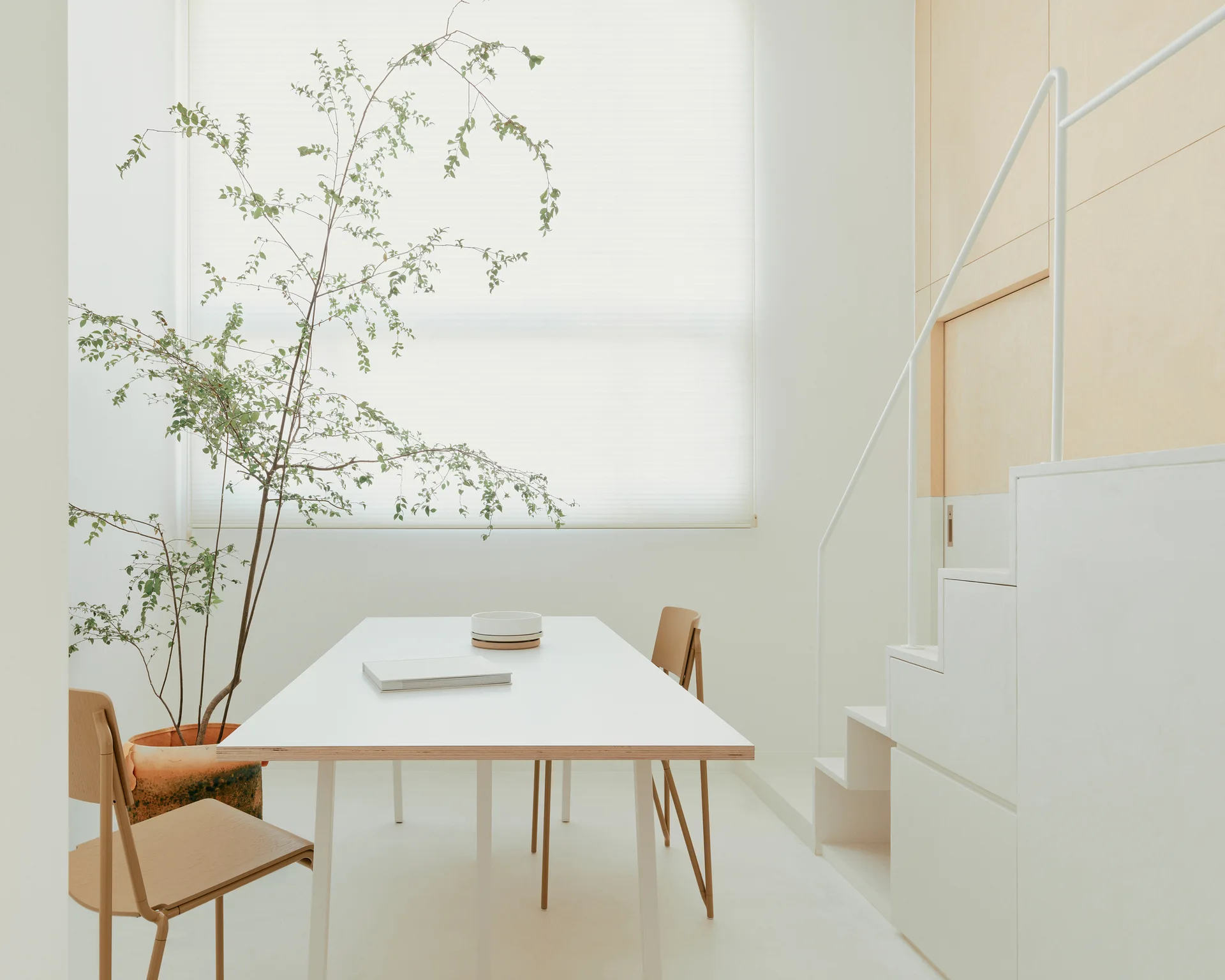 A minimalist dining room features a white table, two wood chairs, a tall potted plant, and a white staircase with integrated storage.