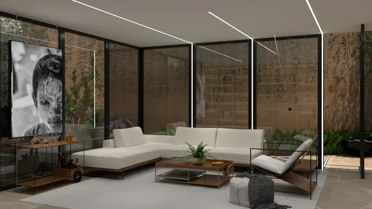 A modern living room features a cream sectional sofa, a low wooden coffee table, and recessed linear strip lights on the ceiling.