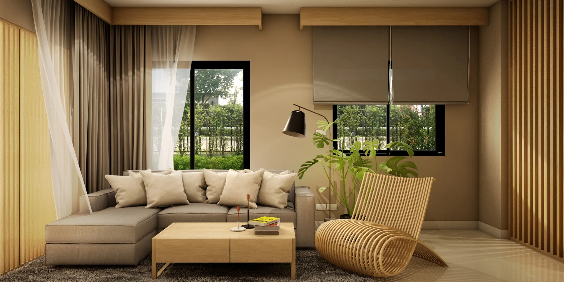 A contemporary living room featuring a grey sectional sofa, a light wood coffee table, and a curved slatted wooden accent chair next to a large plant.