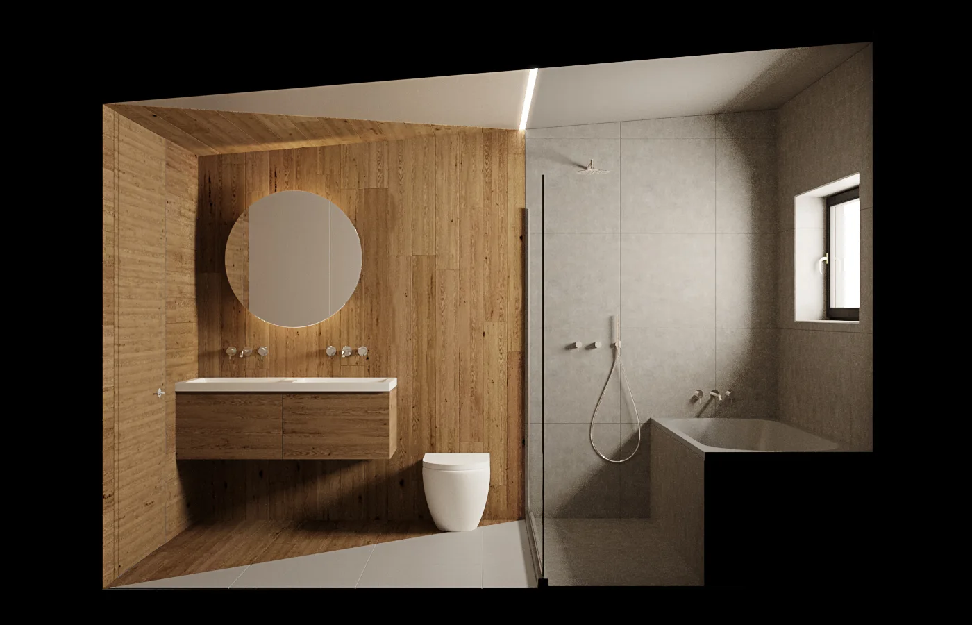A modern bathroom with a split design featuring vertical wood paneling on the left and grey stone tiles on the right, plus a round backlit mirror.
