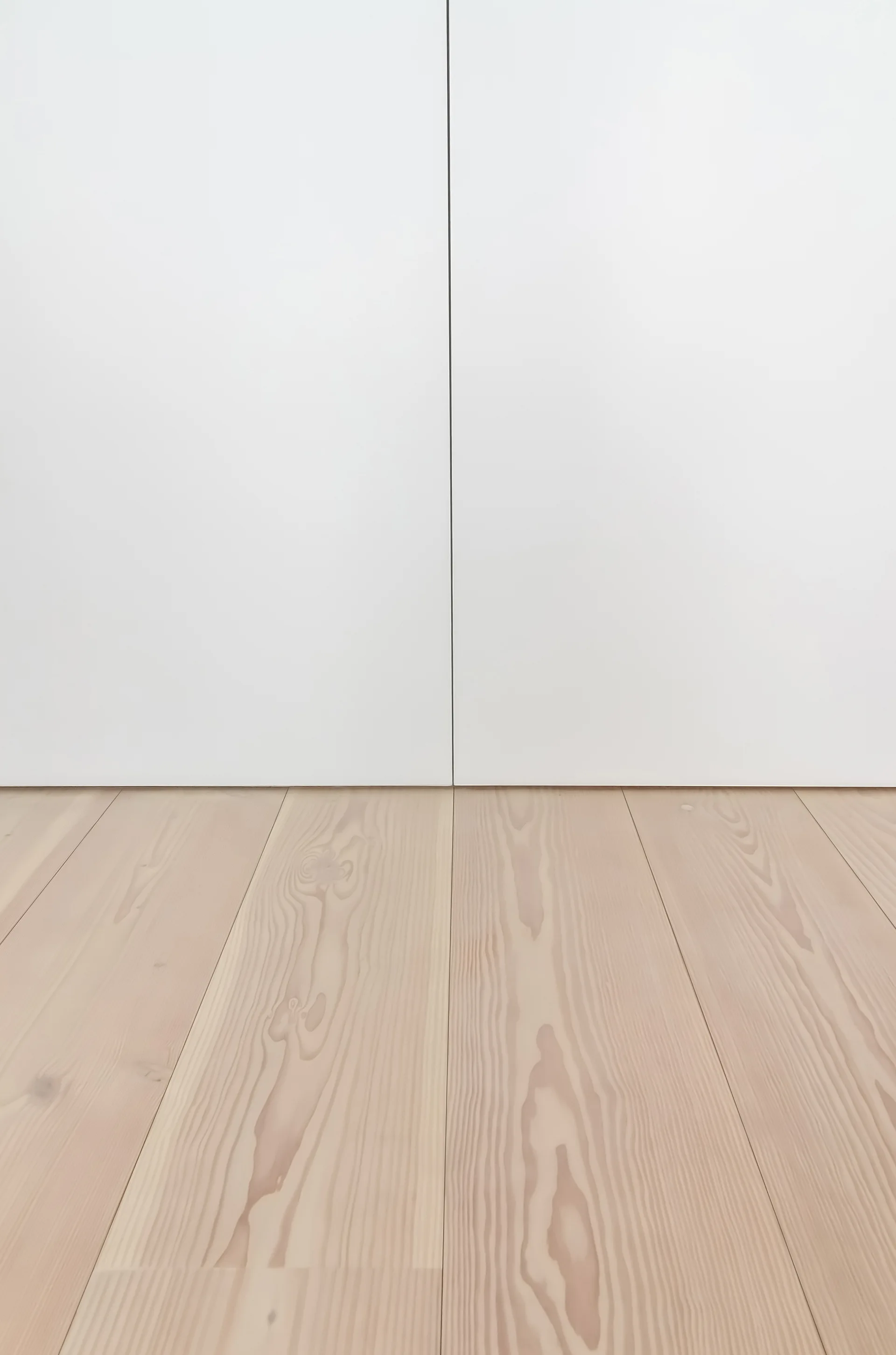 Smooth white vertical wall panels meet light tan wood plank flooring without a baseboard in a minimalist room.