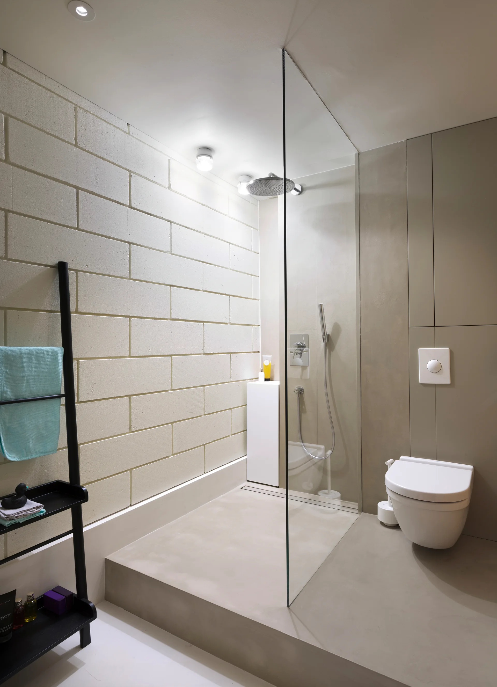 A minimalist bathroom with a raised concrete platform supporting a walk-in shower and toilet against a painted block wall.