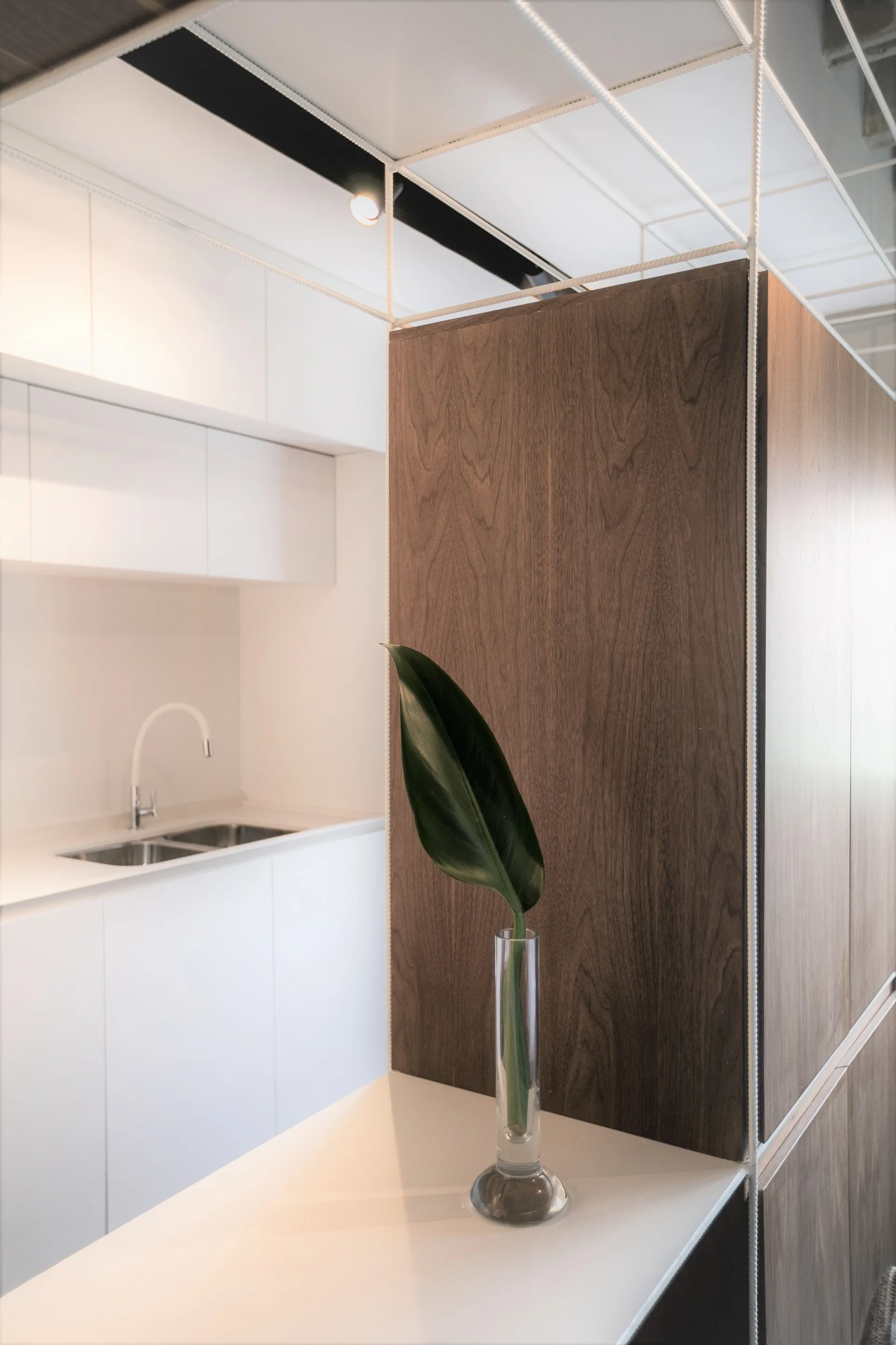 A modern kitchen features white flat-panel cabinets, a stainless steel sink, a vertical wood partition, and an overhead white wire grid ceiling.
