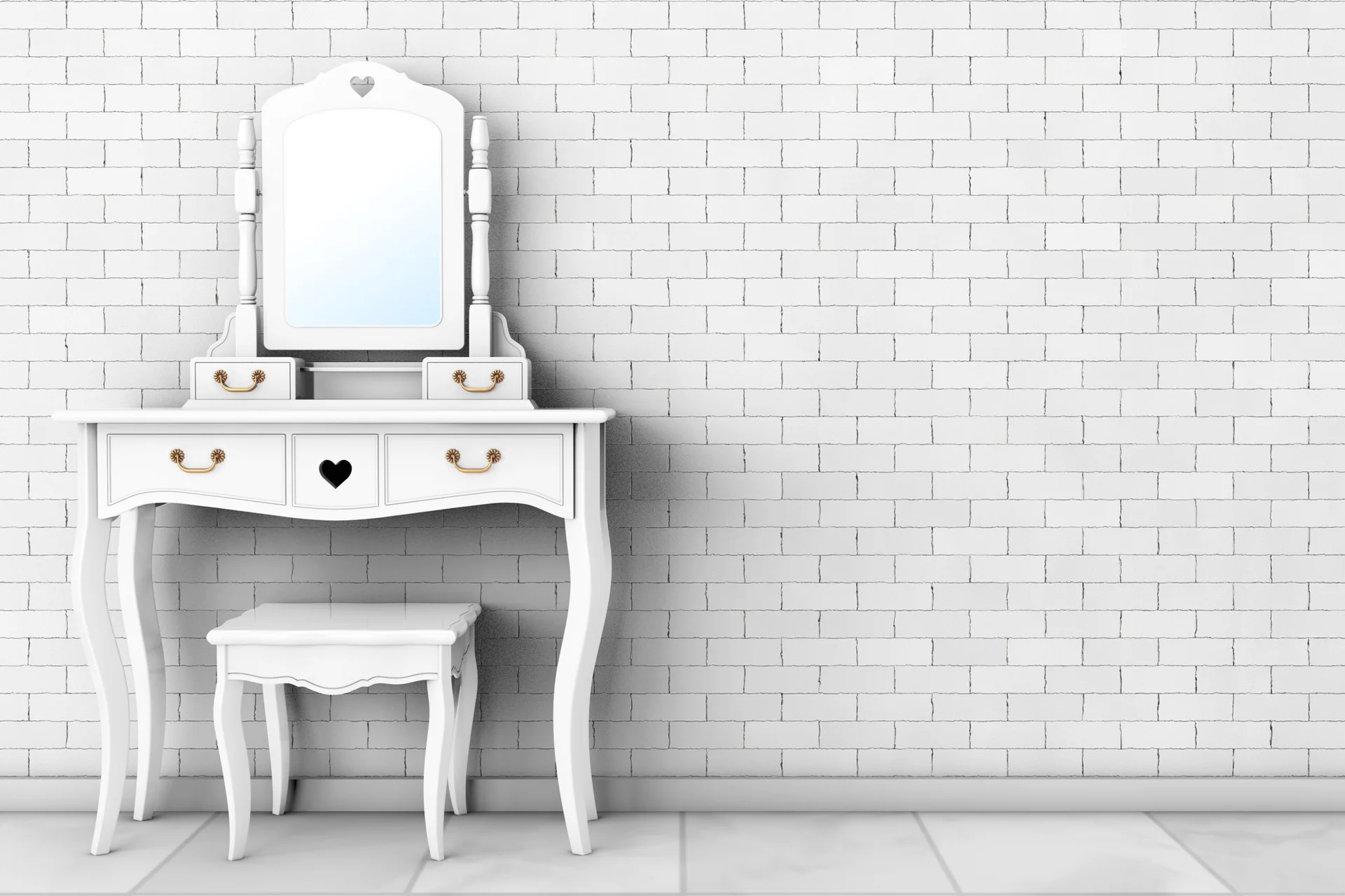A white wooden vanity table with a heart-cutout mirror and matching stool is positioned against a textured white brick wall.