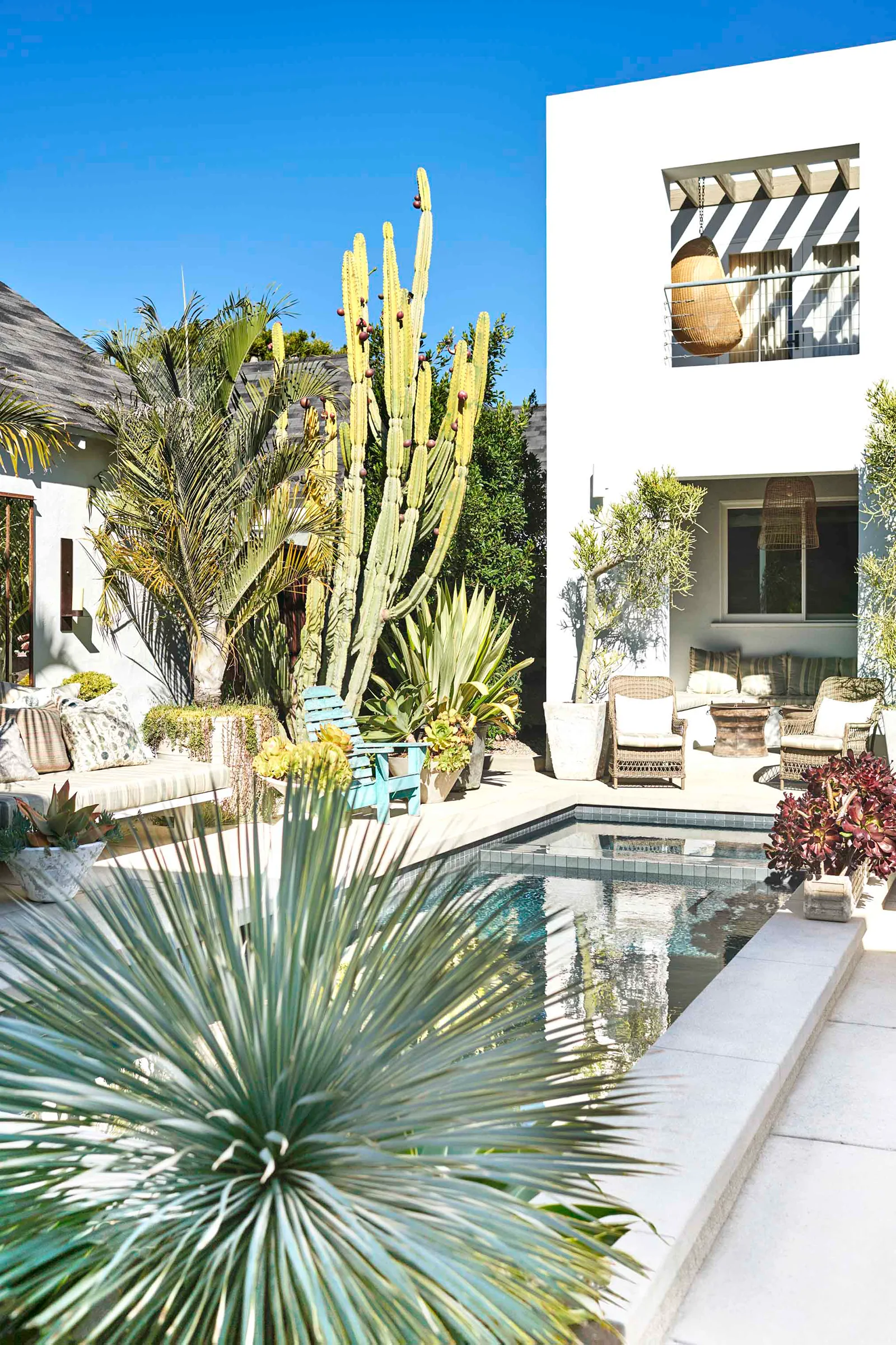 A sunny outdoor swimming pool area is surrounded by stone pavers, white stucco walls, wicker lounge chairs, and tall sculptural cacti.