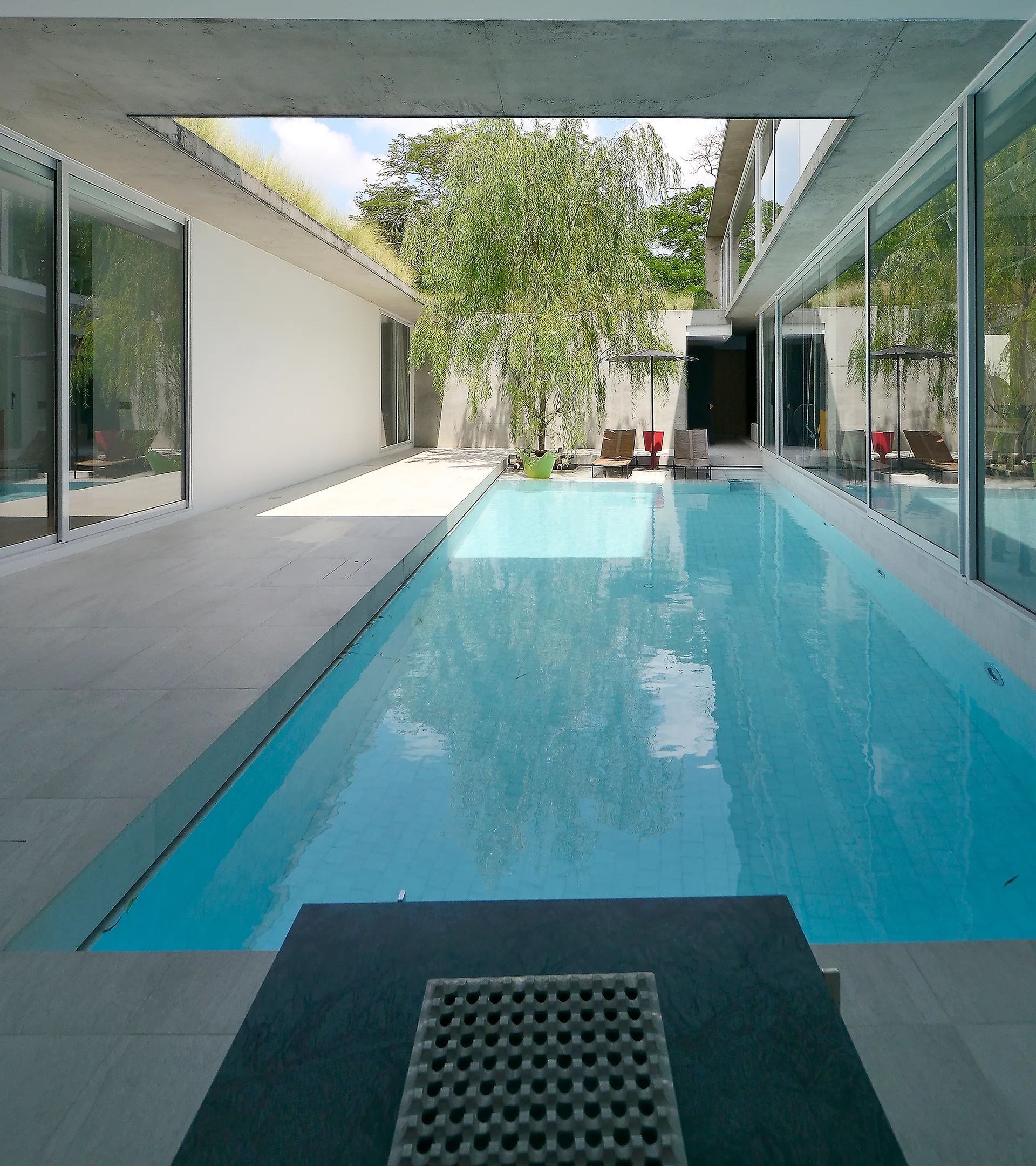A long rectangular swimming pool sits in a minimalist concrete courtyard enclosed by large glass walls and a smooth gray tile deck.
