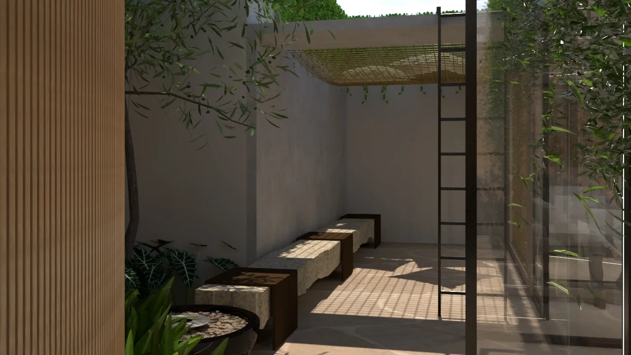A minimalist outdoor patio features long stone benches, a black metal ladder, and a mesh canopy casting grid shadows on the stone floor.