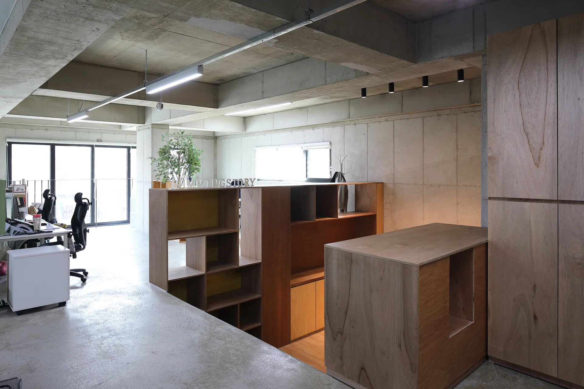 An open office features exposed concrete walls and ceilings balanced by warm plywood storage cabinets and custom room dividers.