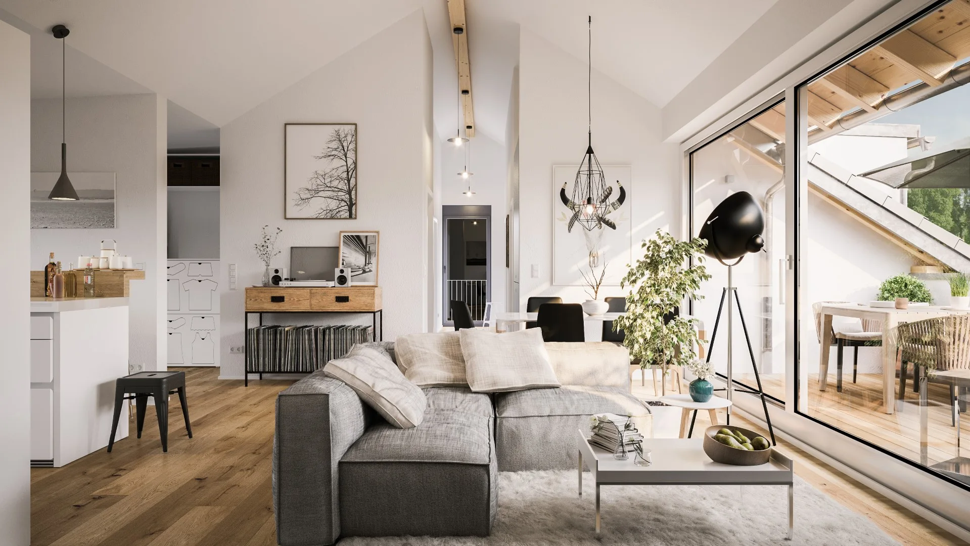 A modern open-concept living room features a grey sectional sofa, wood flooring, a vaulted ceiling with a wooden beam, and large sliding glass doors.