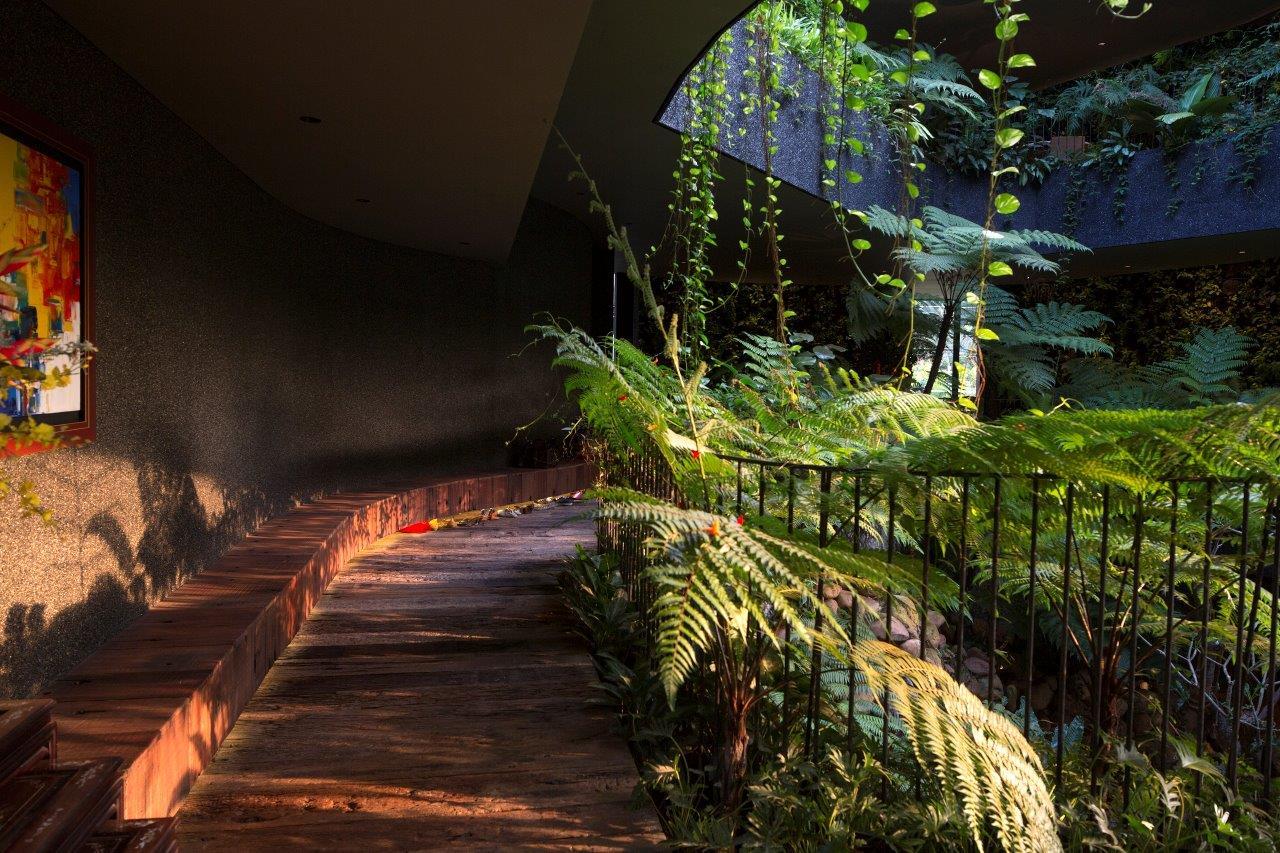A curved wooden walkway with a rustic bench runs alongside a lush indoor garden of ferns and hanging vines framed by a black metal railing.