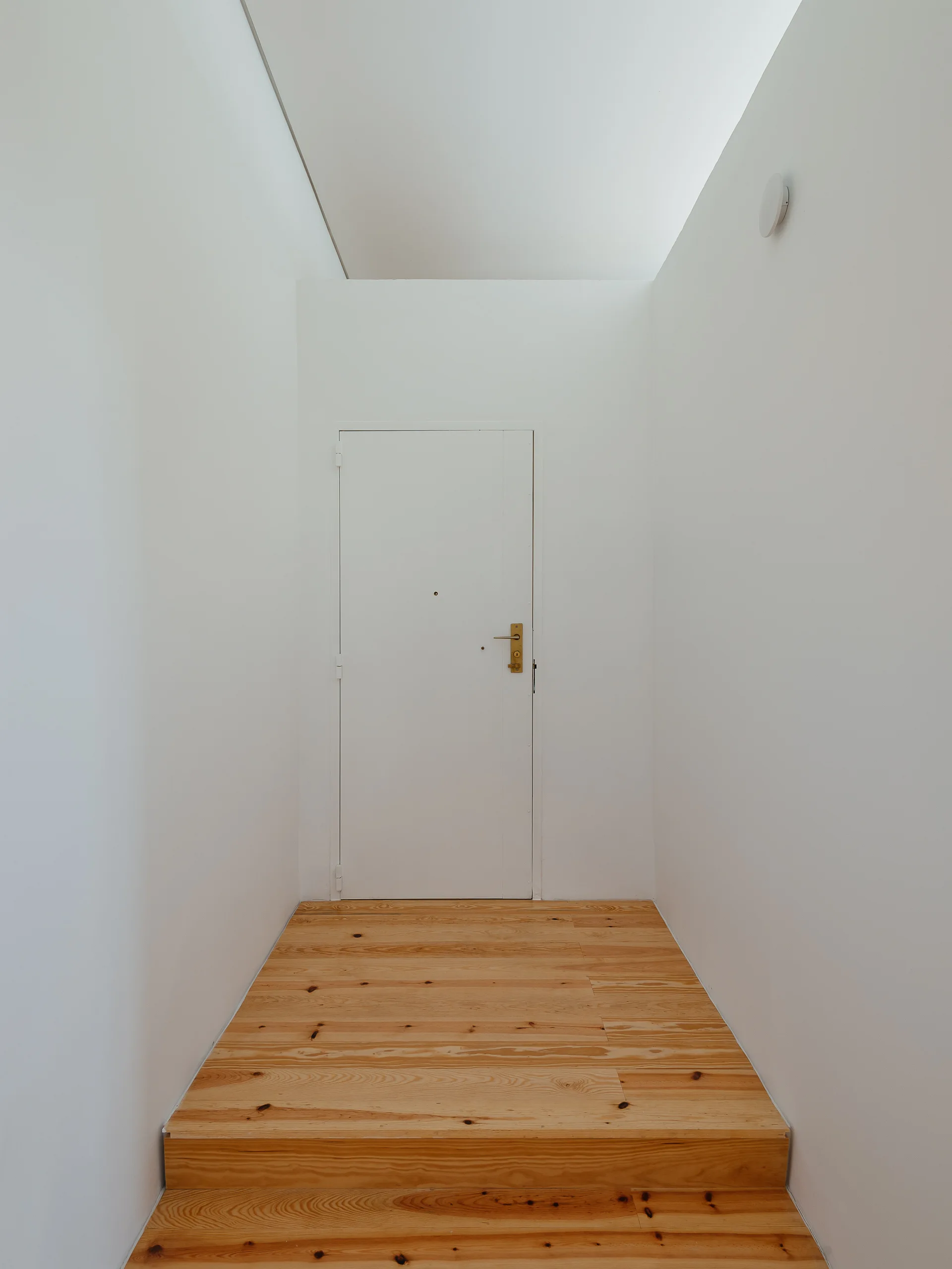 A minimalist hallway features a white door with a gold handle, white walls, and a stepped light wood plank floor.