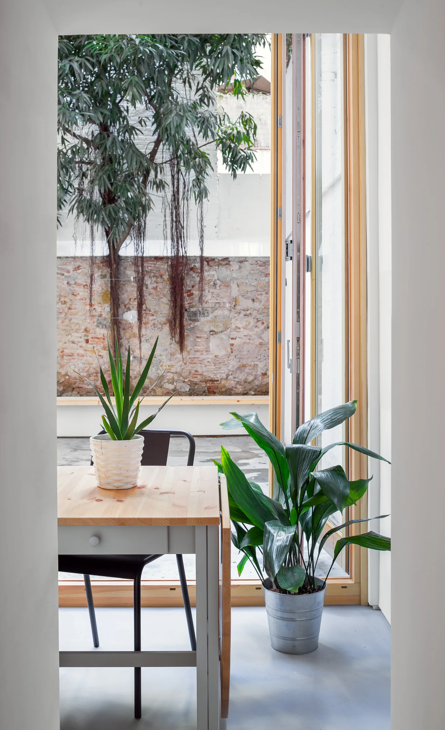 A light wood table and potted plants stand by open folding glass doors that lead to an outdoor courtyard with a brick wall.
