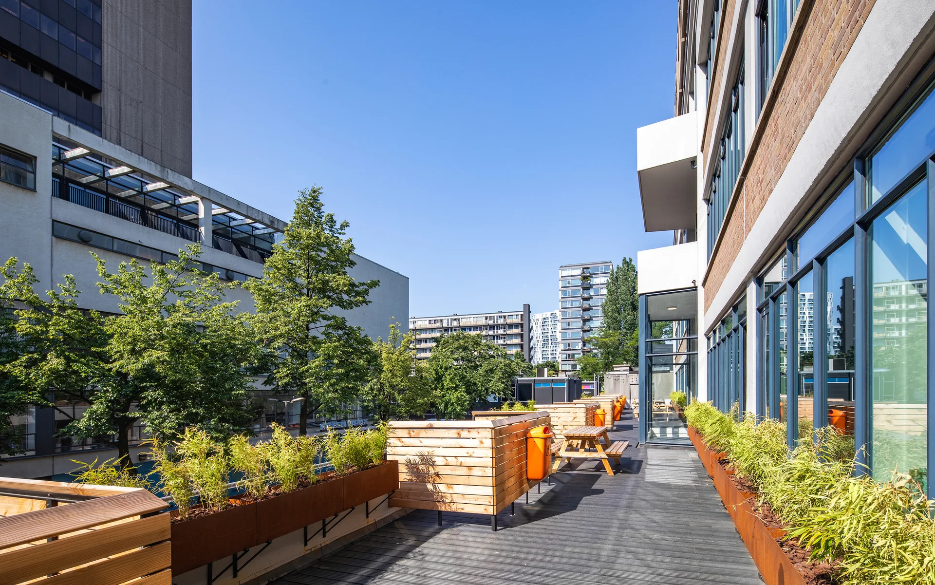 An outdoor wooden terrace features built-in timber benches, a picnic table, and long weathered metal planters filled with green plants.