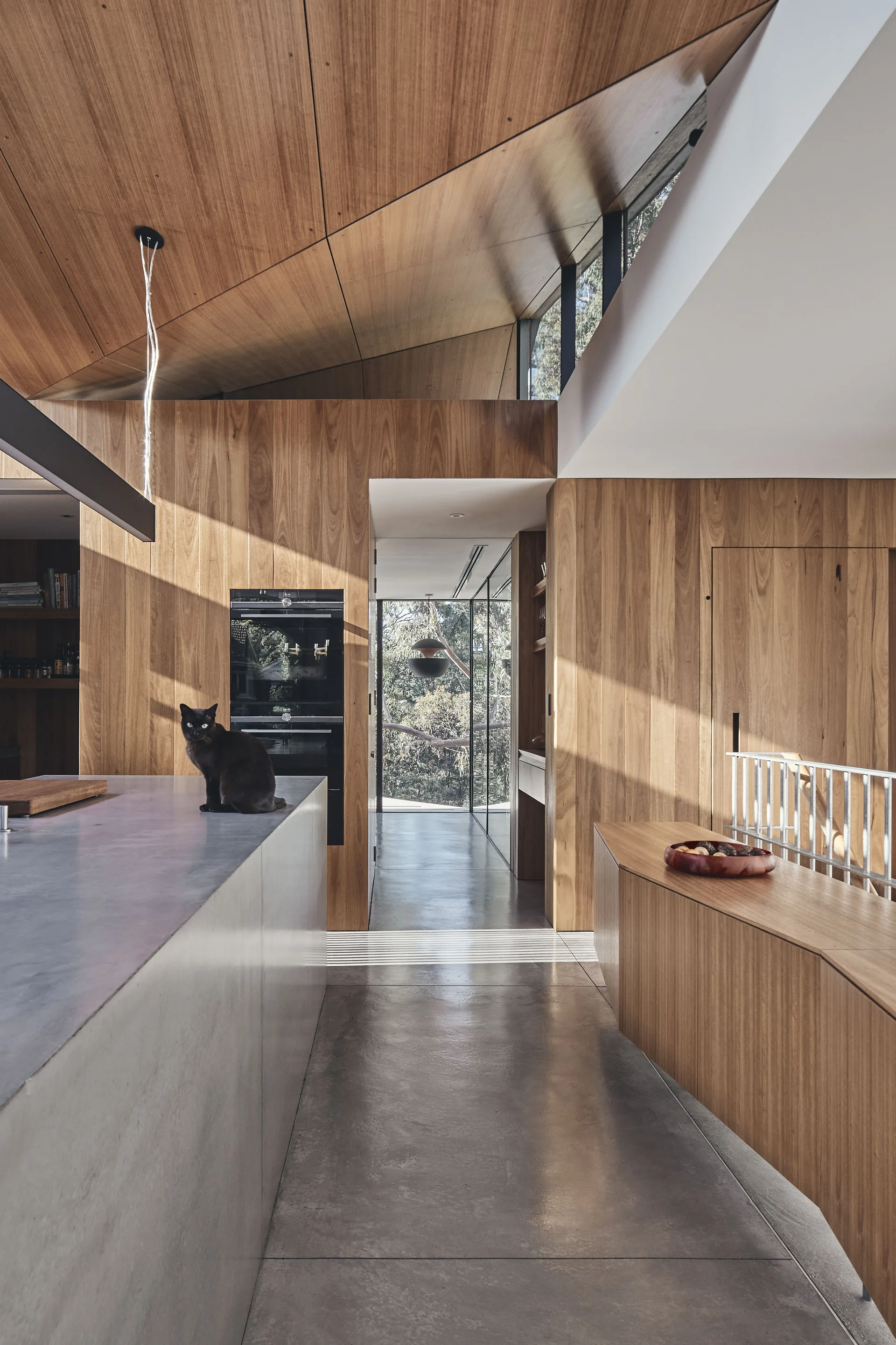 A modern kitchen features warm wood paneled walls, a gray concrete island, an angled wood plank ceiling, and a polished concrete floor.