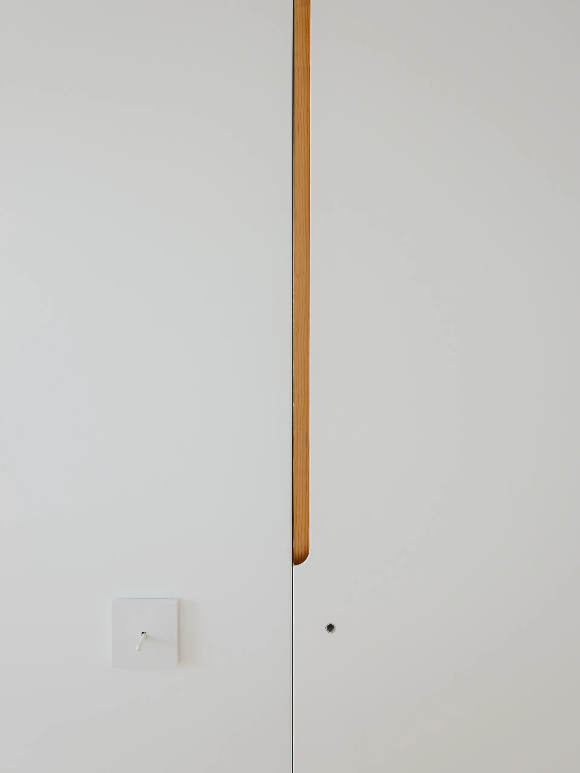 A close-up of matte white flat-panel cabinet doors featuring a vertical recessed wood inlay handle and a small square white light switch.