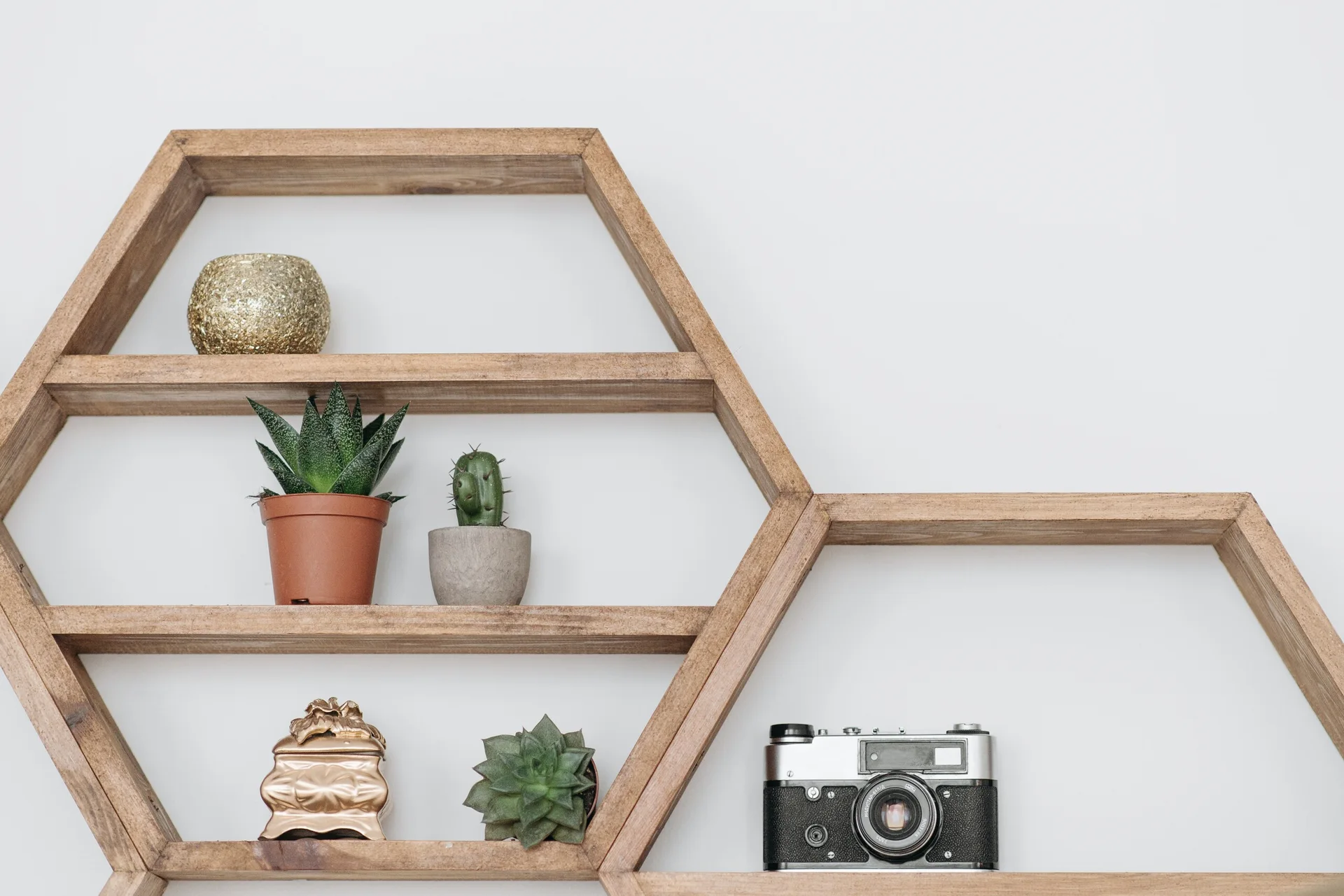 A wooden hexagonal wall shelf holds small potted succulents, a gold decorative box, a textured gold sphere, and a vintage film camera.