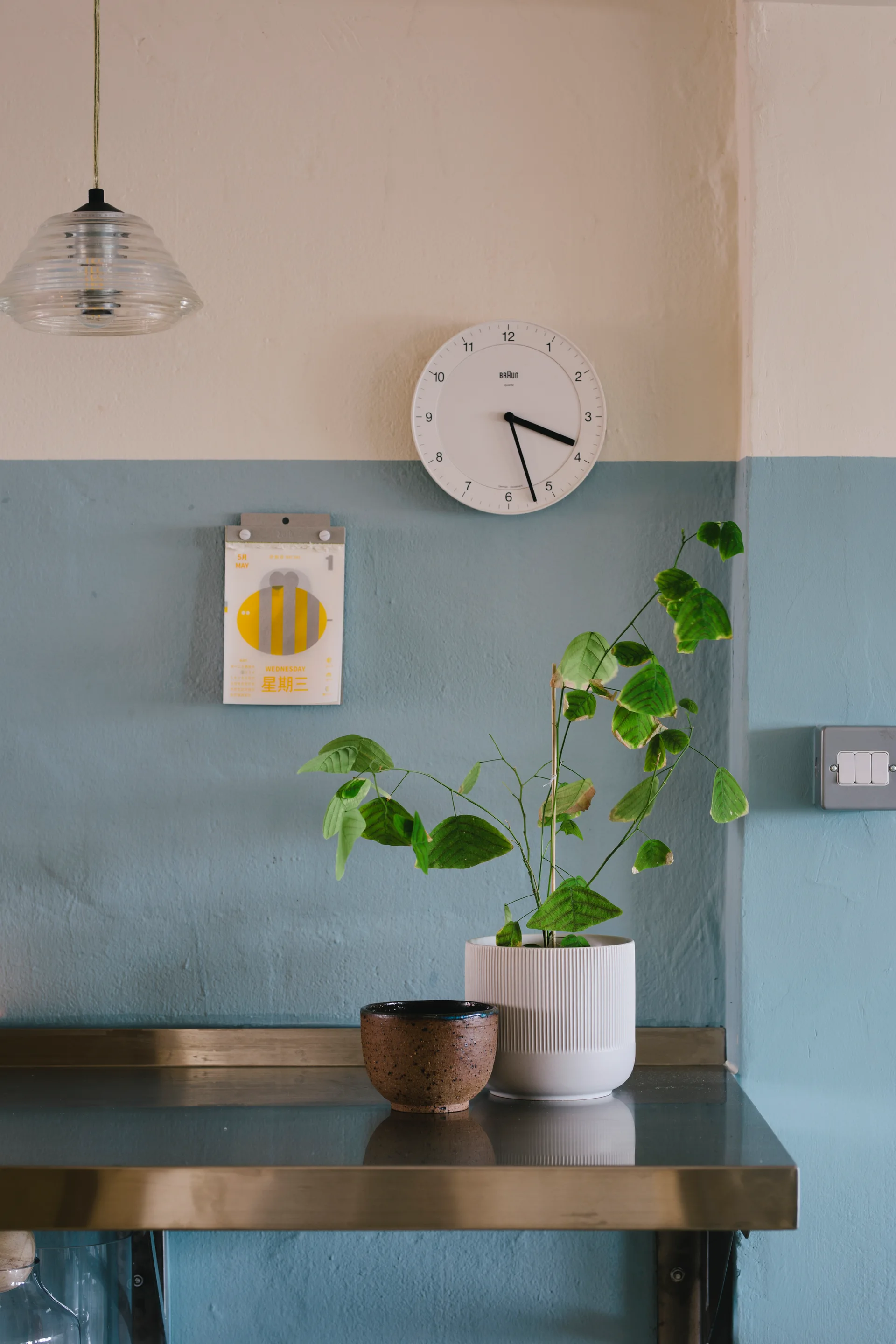 A minimalist kitchen setup featuring a two-tone blue and cream wall, a white wall clock, a potted plant, and a stainless steel countertop.