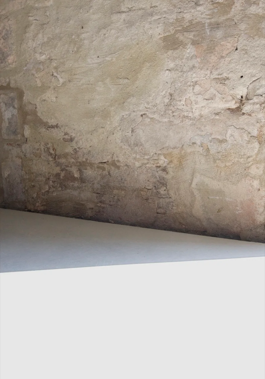 A rustic and weathered plaster wall in earthy beige tones meets a sharp, smooth light grey concrete floor in a minimalist interior.