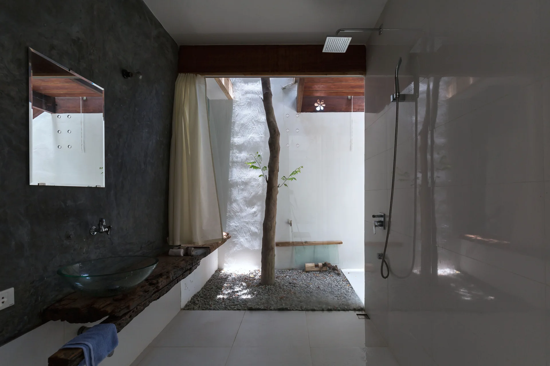 A modern bathroom features a live-edge wood vanity and glass sink next to a small gravel-filled lightwell courtyard with a growing tree.