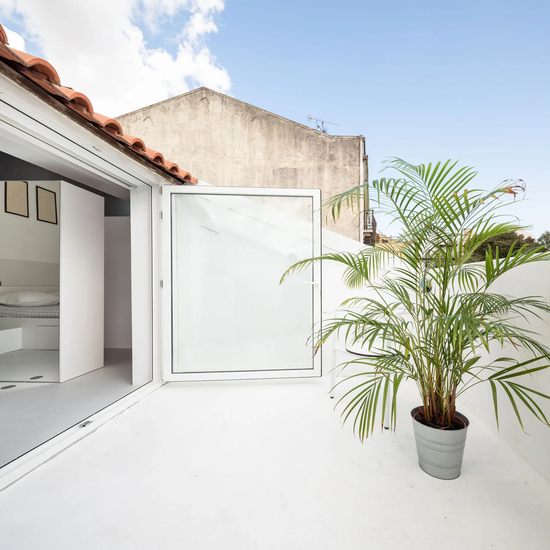 A minimalist white terrace features an open glass door leading into a bedroom, a green potted palm, and red terracotta roof tiles.