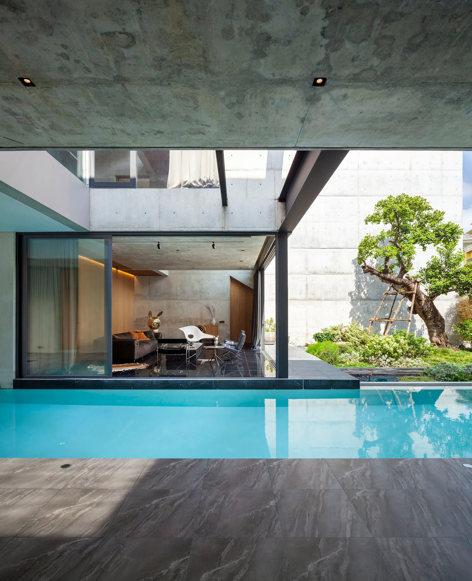 A rectangular blue swimming pool runs alongside a modern concrete house with glass sliding doors revealing a furnished living room.