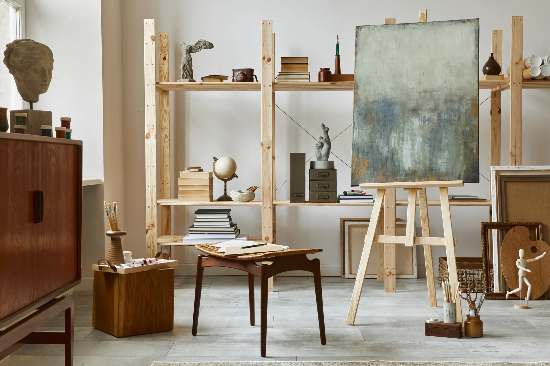An art studio workspace features a large wooden open shelving unit, a central easel holding a canvas painting, and a mid-century woven stool.