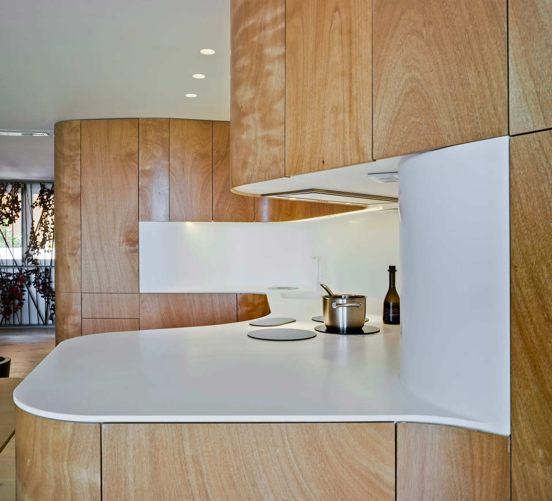 A minimalist kitchen features curved wood cabinetry and a seamless white solid-surface countertop with an integrated stovetop.