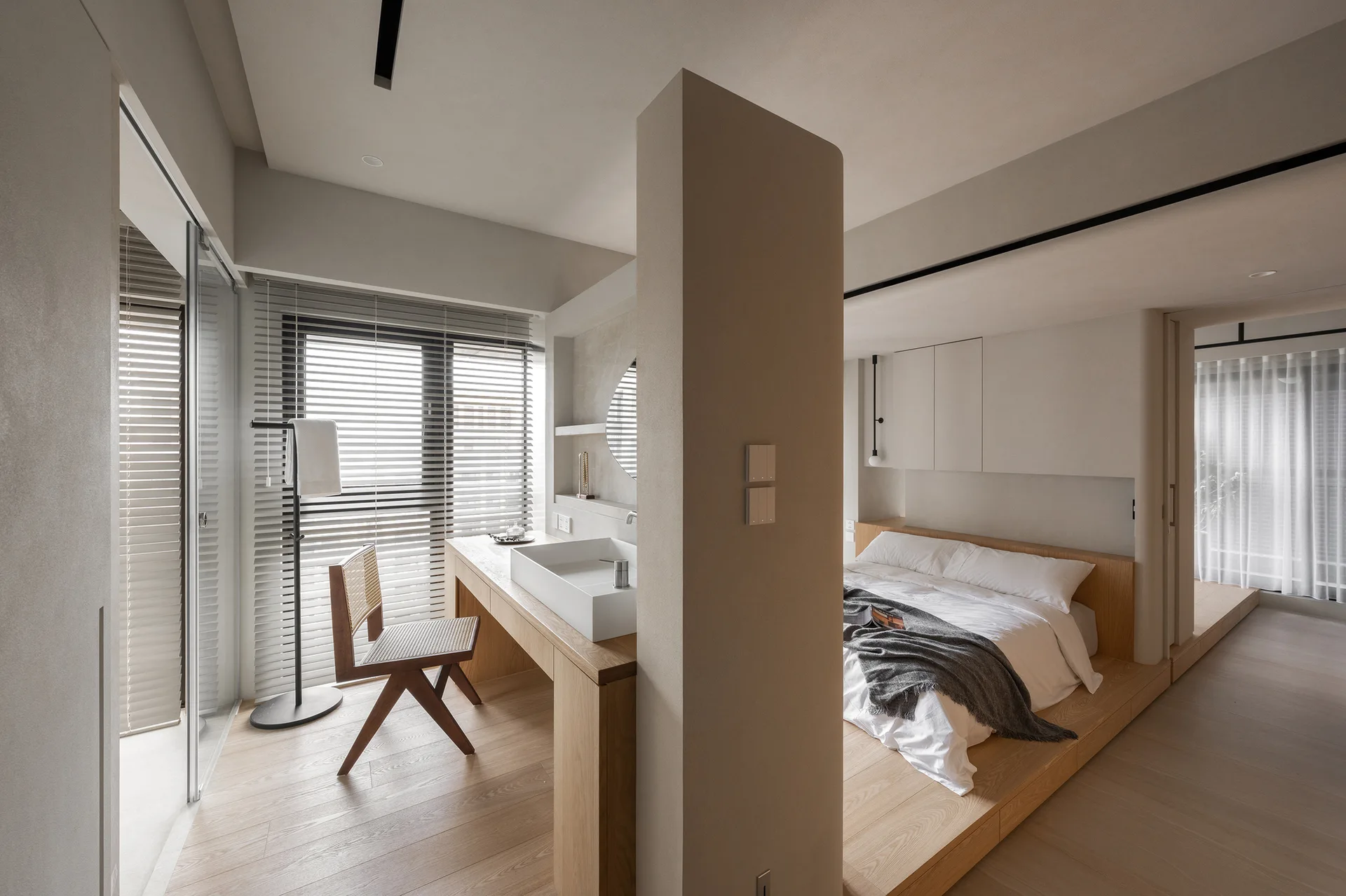 Slow Rhythm Apartment, KC Design Studio, Interior, Bedroom, Wood, Lighting, Bed, Chair