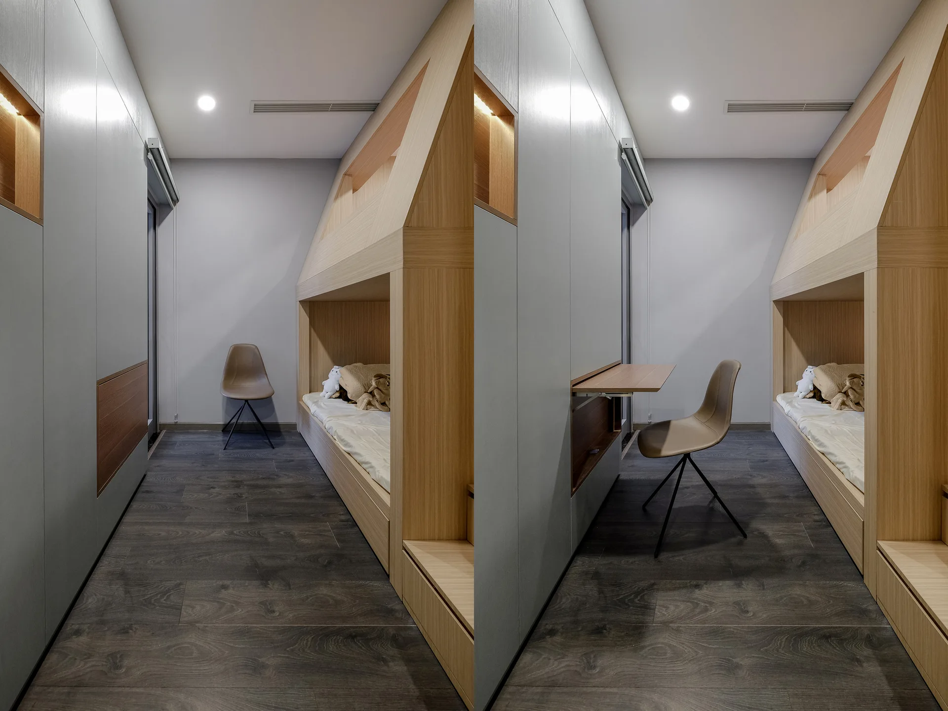 A split-view image showing a compact bedroom with built-in wooden bunk beds, gray wall panels, and a fold-down desk with a brown molded chair.