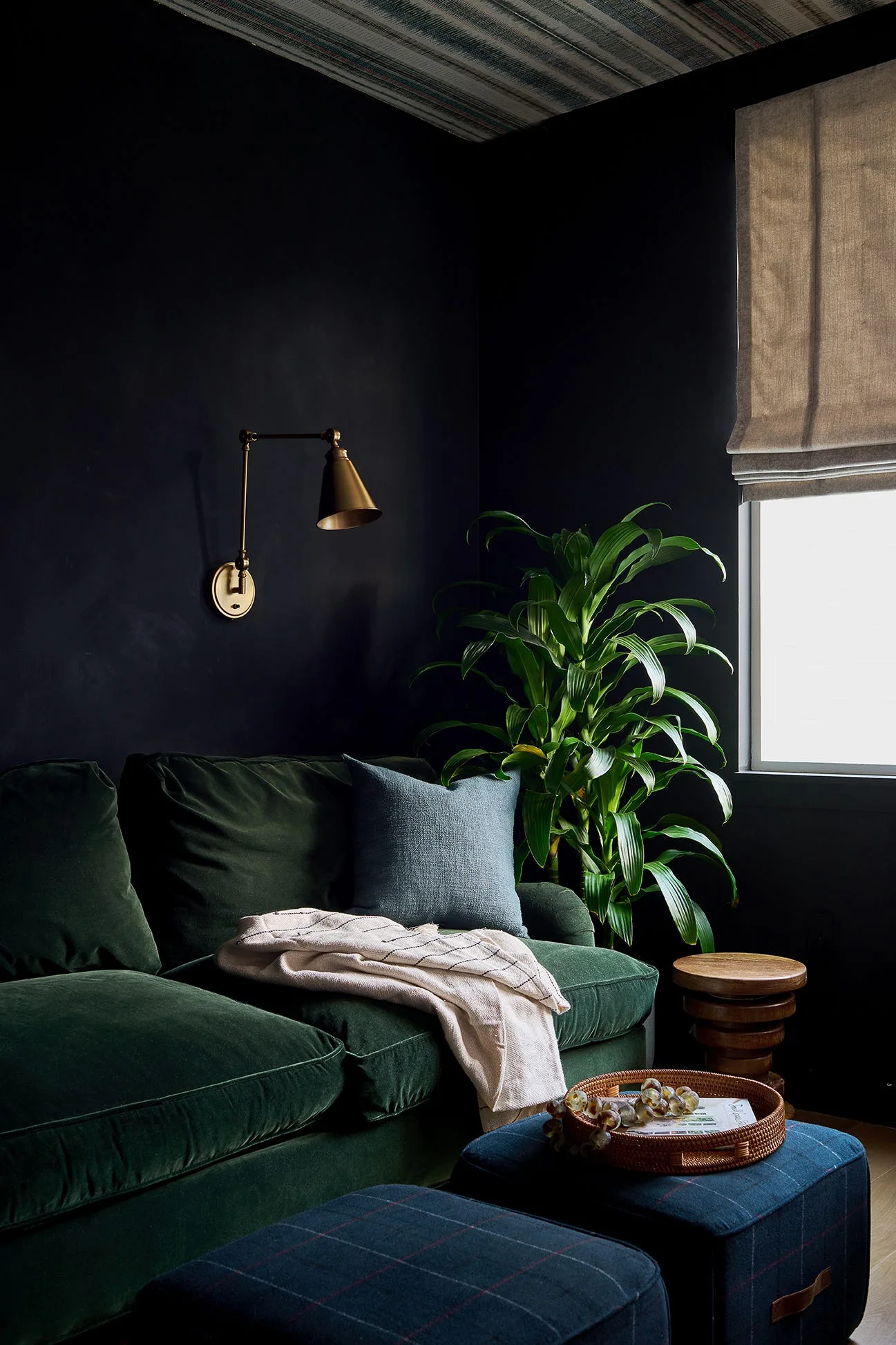 A green velvet sofa sits against a matte black wall under an articulating brass sconce next to a tall green potted plant.
