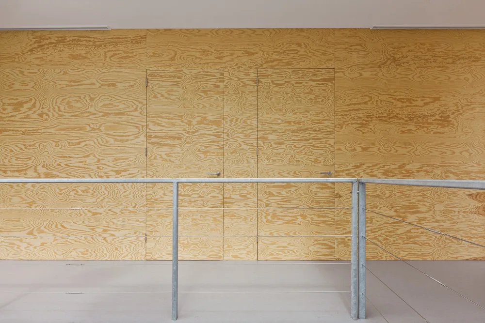 A light plywood accent wall features two integrated flush doors behind a metal cable railing in a minimalist hallway.