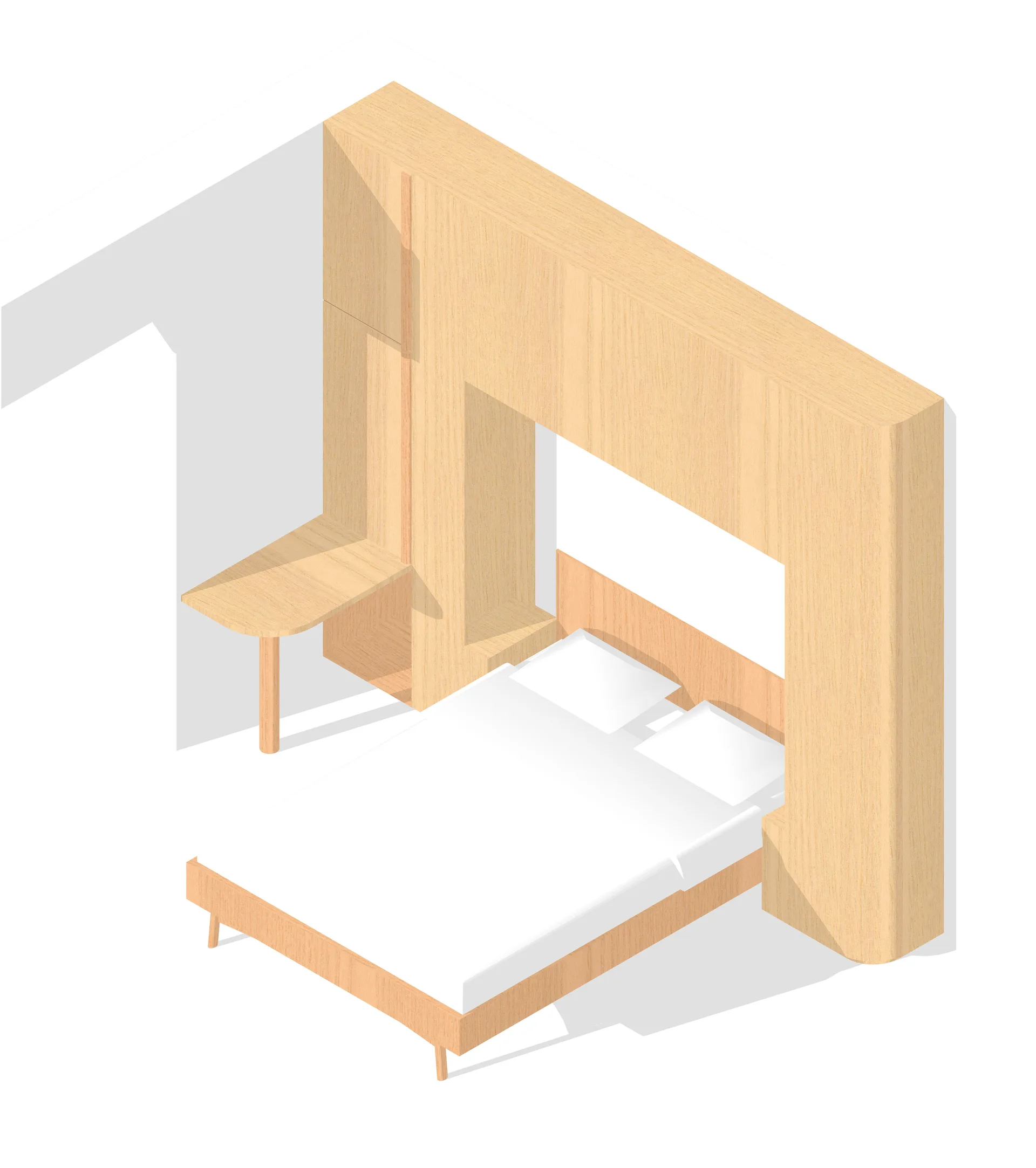 An isometric render of a light wood bed frame framed by an integrated wooden headboard unit with an attached curved side desk.