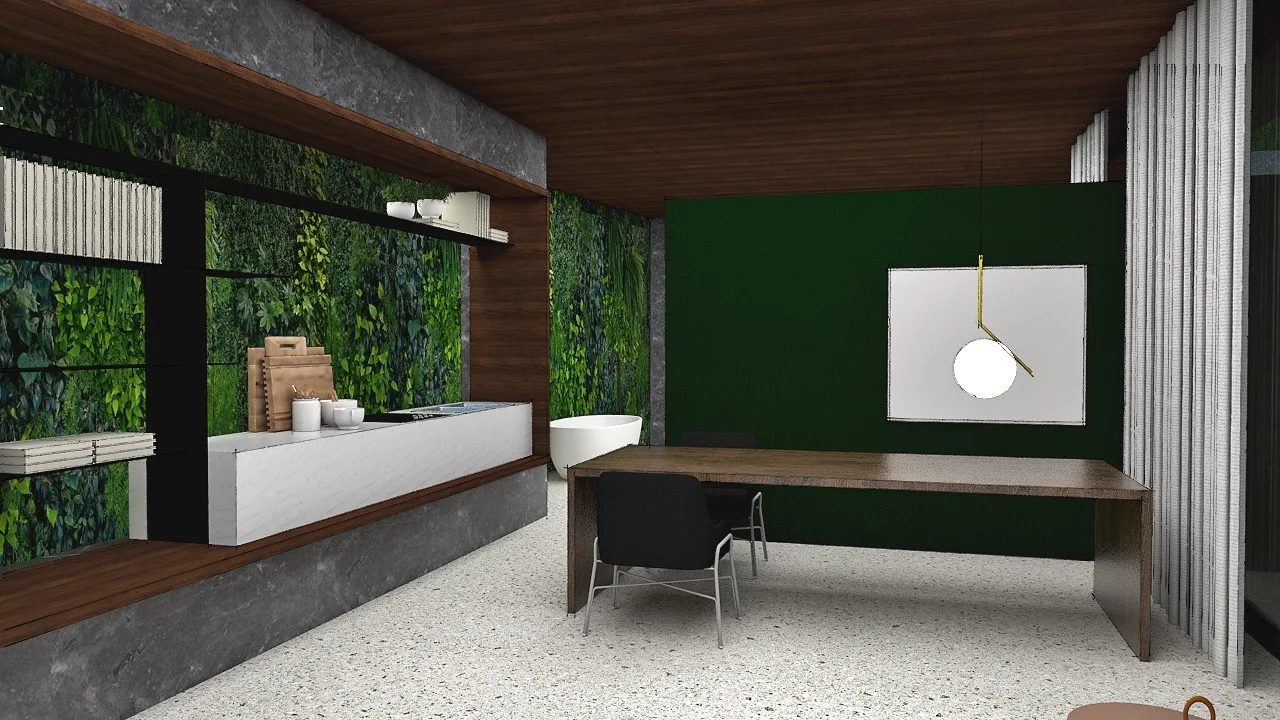 A modern dining area featuring a wood table, black chairs, a lush green living wall, speckled terrazzo flooring, and a dark wood ceiling.