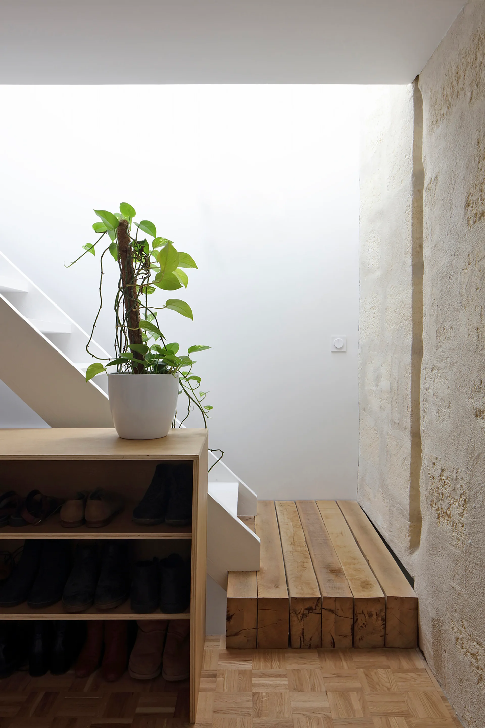 A minimalist staircase landing features a plywood shoe shelf with a potted plant, chunky wood block steps, and a rough-textured stone wall.