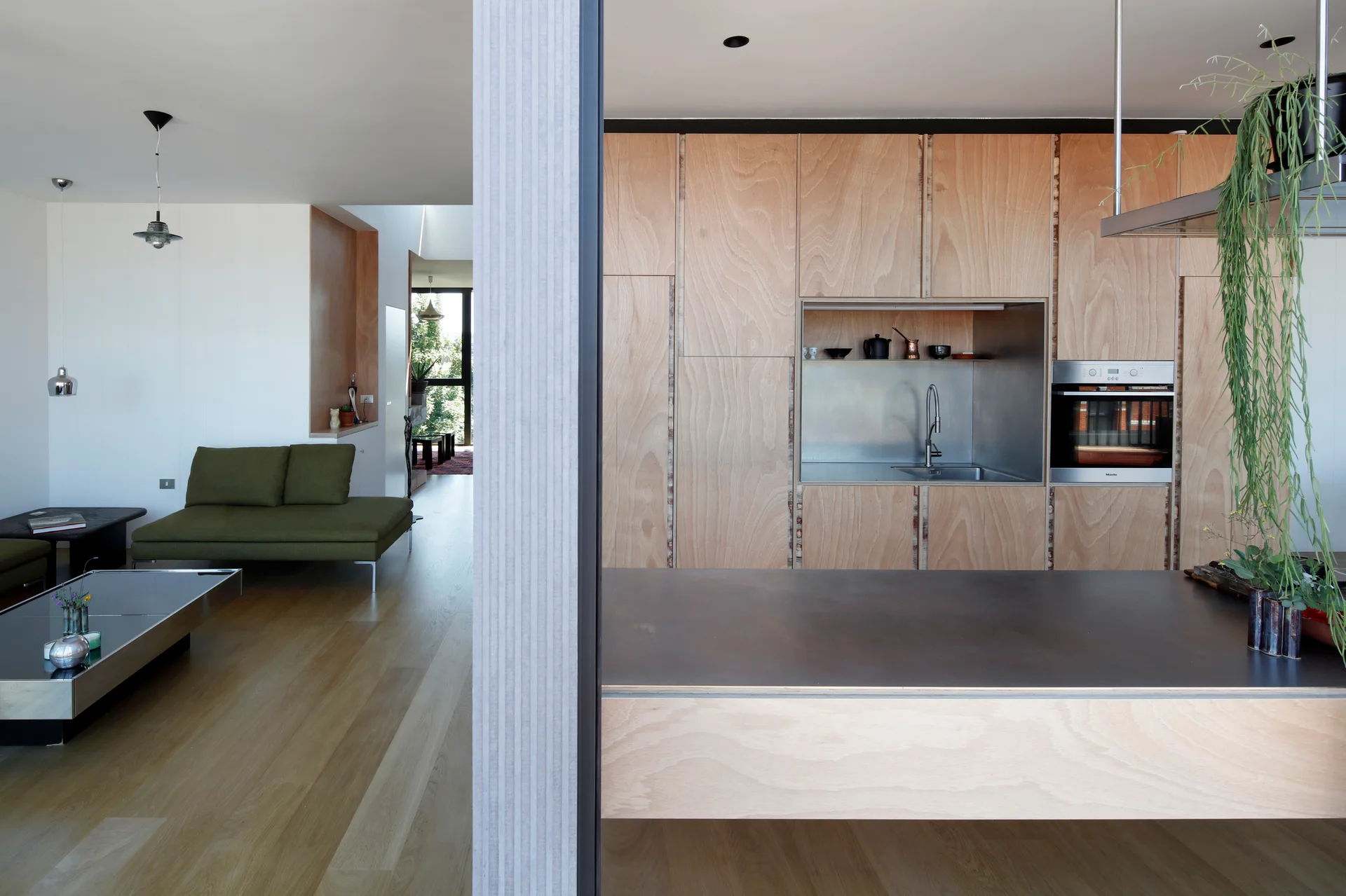 An open-plan kitchen features full-height plywood cabinetry with a recessed stainless steel sink niche next to a living room with an olive green sofa.