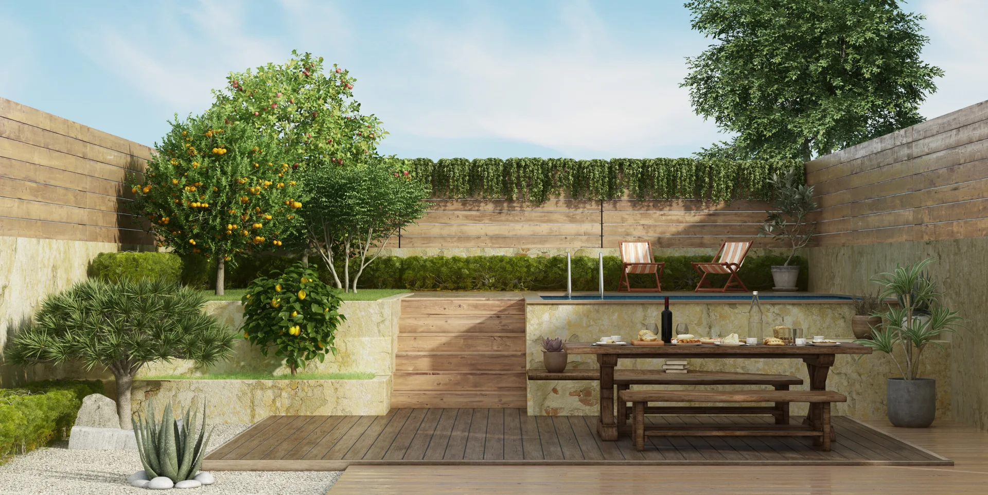 A terraced outdoor backyard featuring a stone retaining wall, a small pool on the upper level with lounge chairs, and a wooden dining set below.