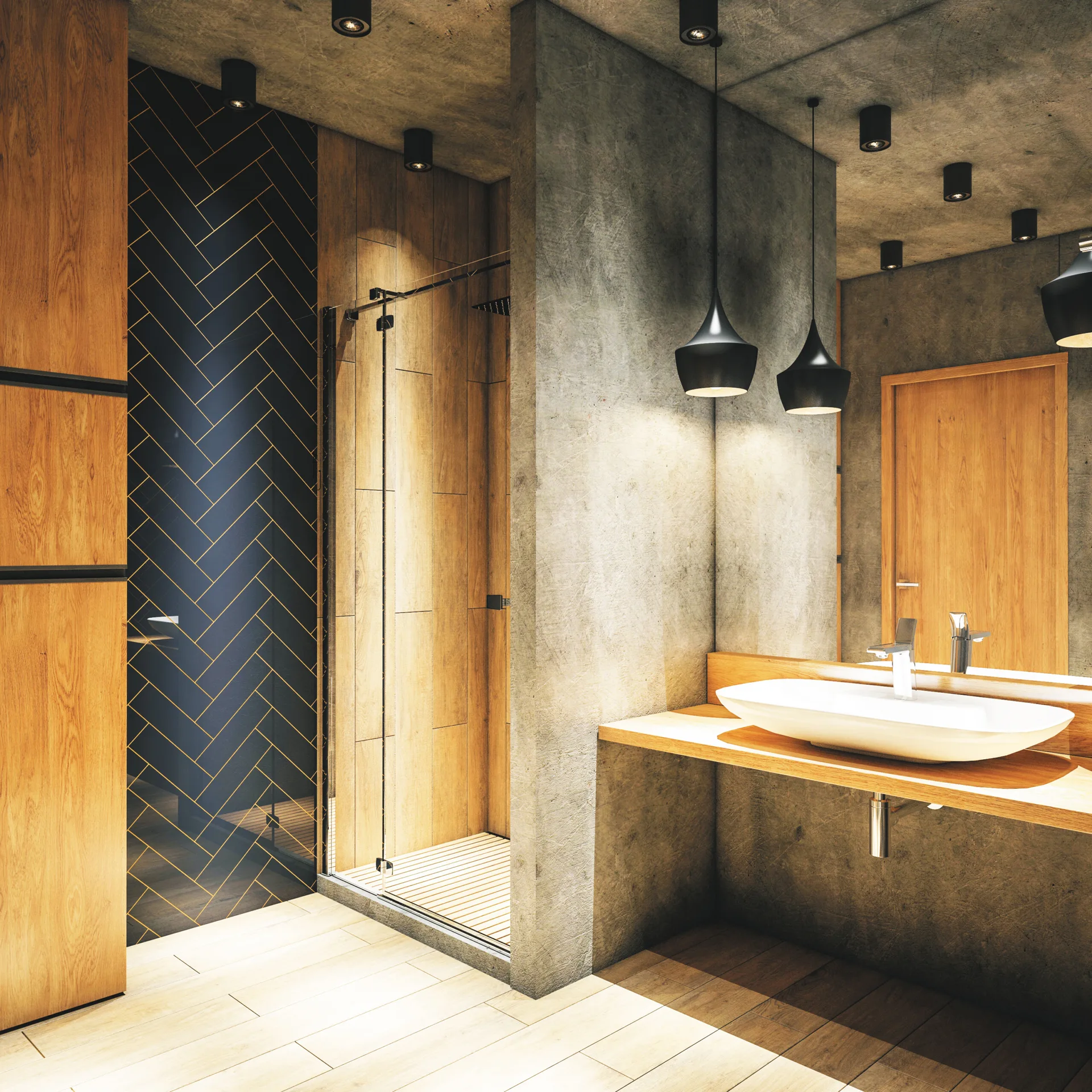 A modern bathroom features concrete walls, a floating wooden vanity with a vessel sink, and a glass-enclosed shower next to dark herringbone tile.