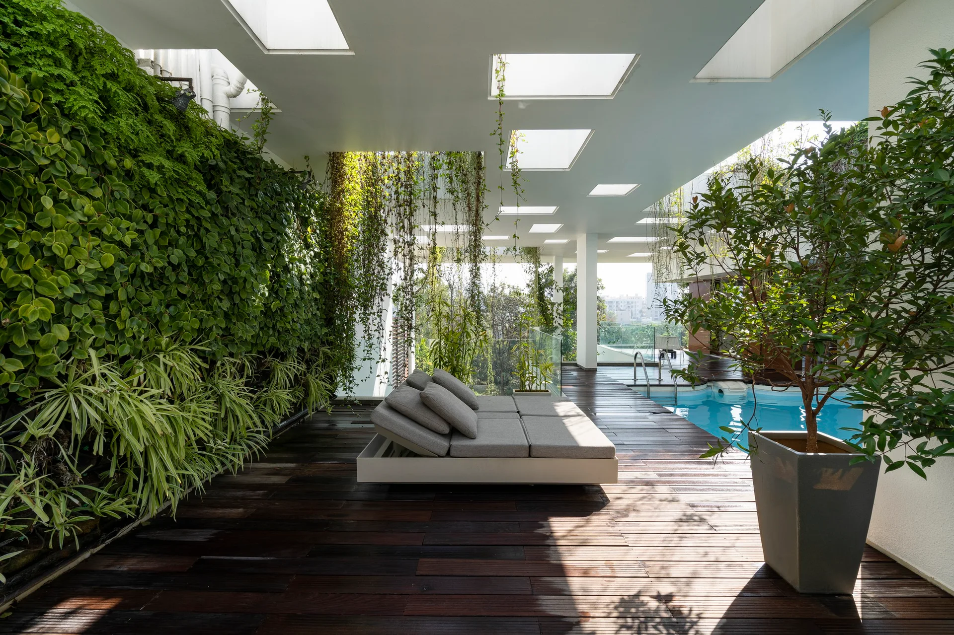 A grey outdoor daybed sits on a dark wood deck next to a small swimming pool beneath a white ceiling with square skylights and a lush green living wall.