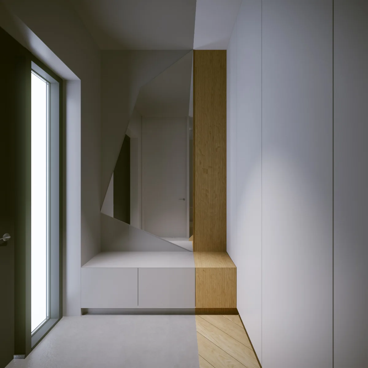 A minimalist modern entryway features floor-to-ceiling white cabinetry, an integrated white and wood bench, and a large angular geometric mirror.