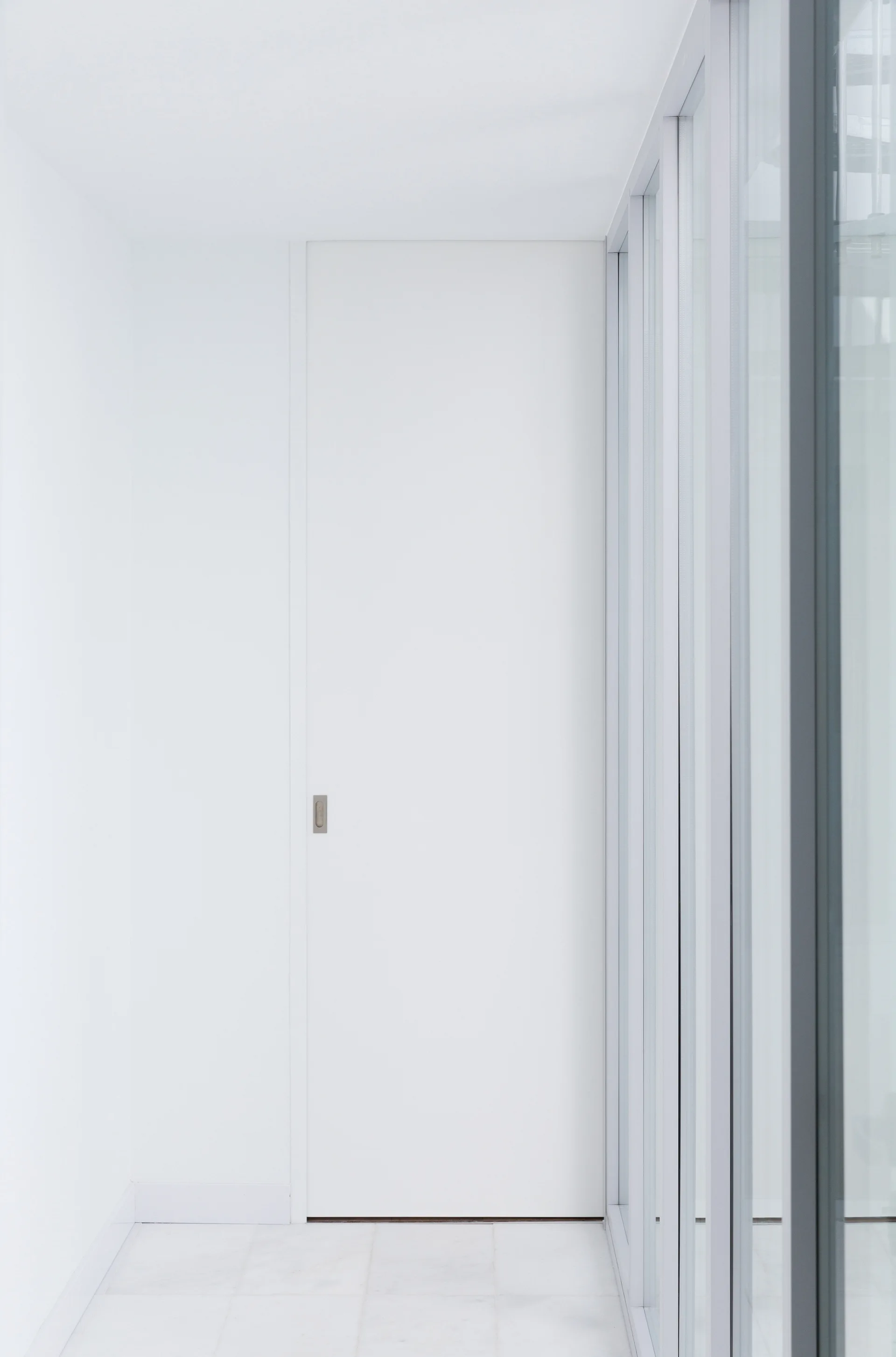 A minimalist white hallway features a seamless flush door alongside a floor-to-ceiling glass wall partition.