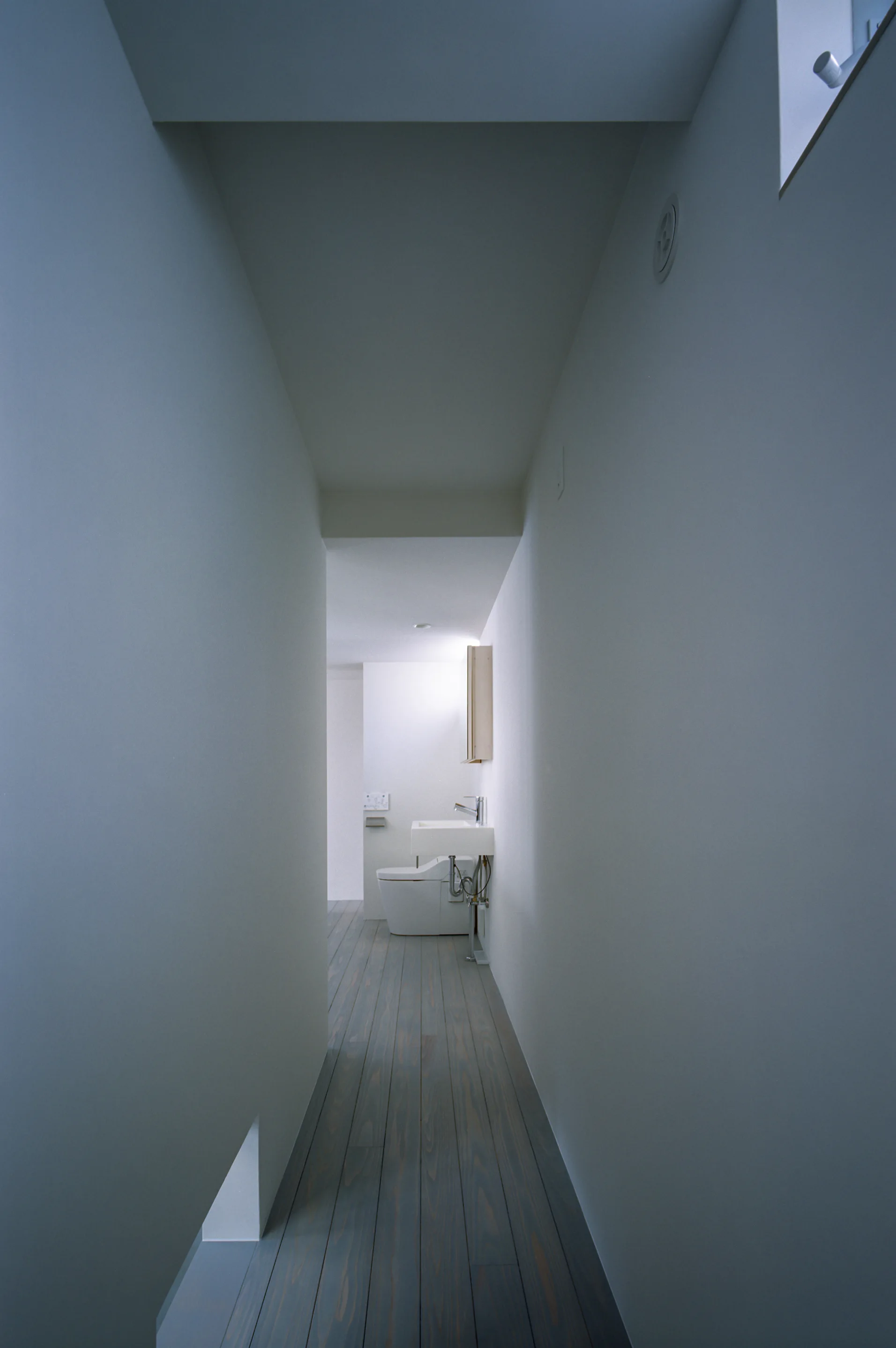 A long narrow hallway with grey wood plank floors leads to a minimalist bathroom featuring a white toilet and wall-mounted sink.
