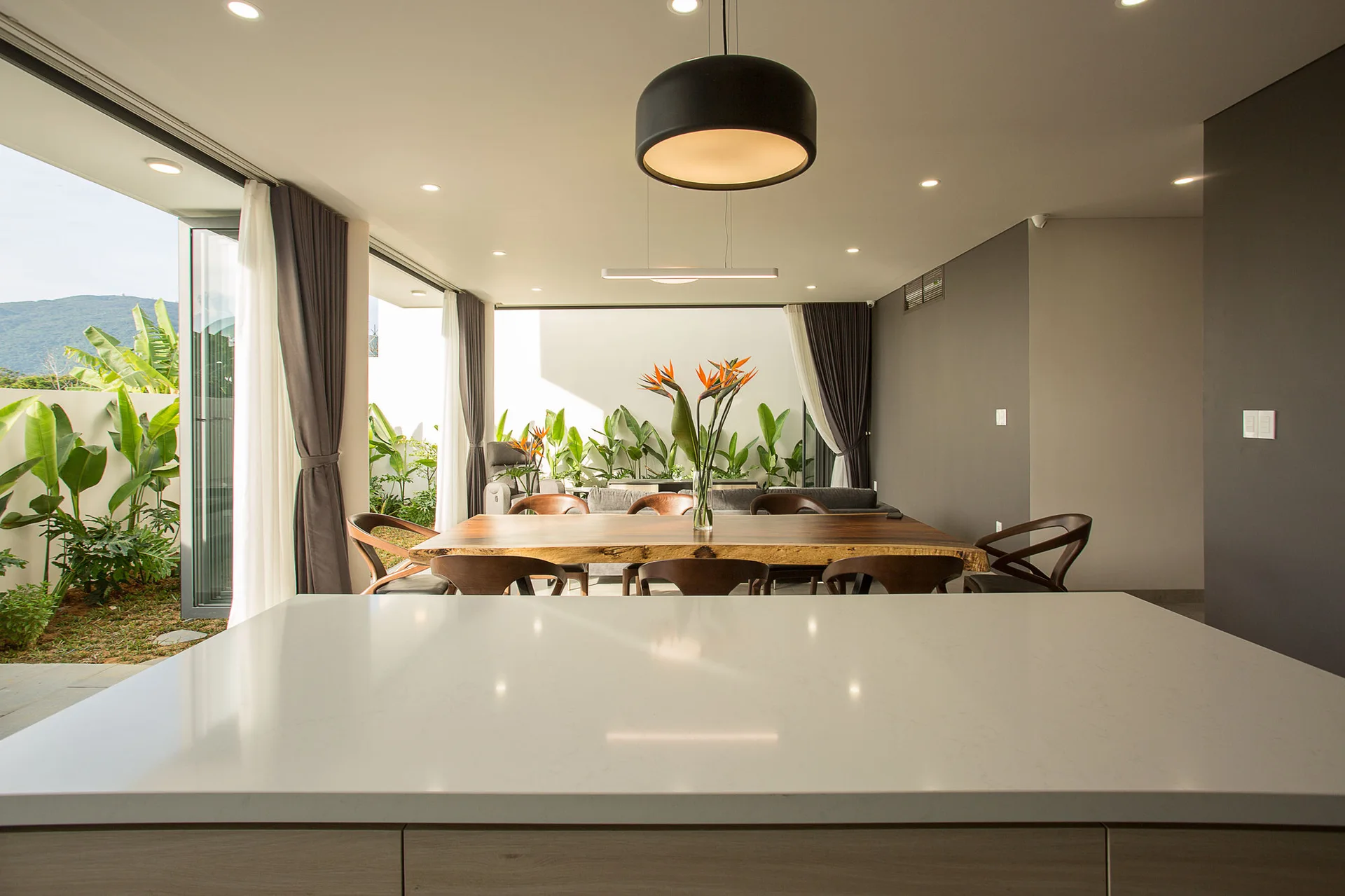 A modern dining room viewed from a white kitchen island, featuring a live-edge wooden table, curved chairs, and glass doors opening to a lush garden.