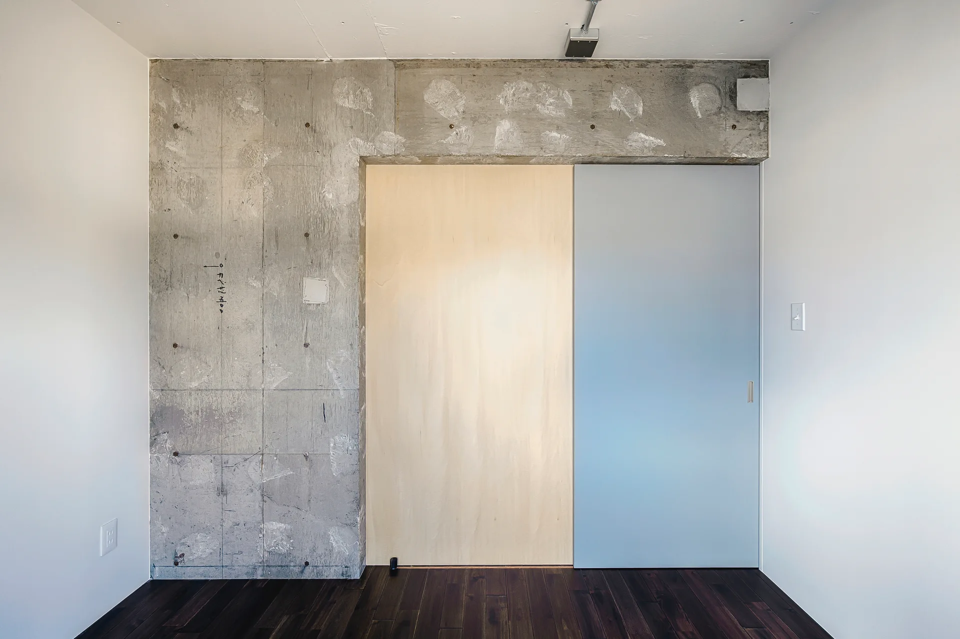 An interior wall features a combination of exposed gray concrete, light wood paneling, and a pale blue sliding door above a dark wood floor.